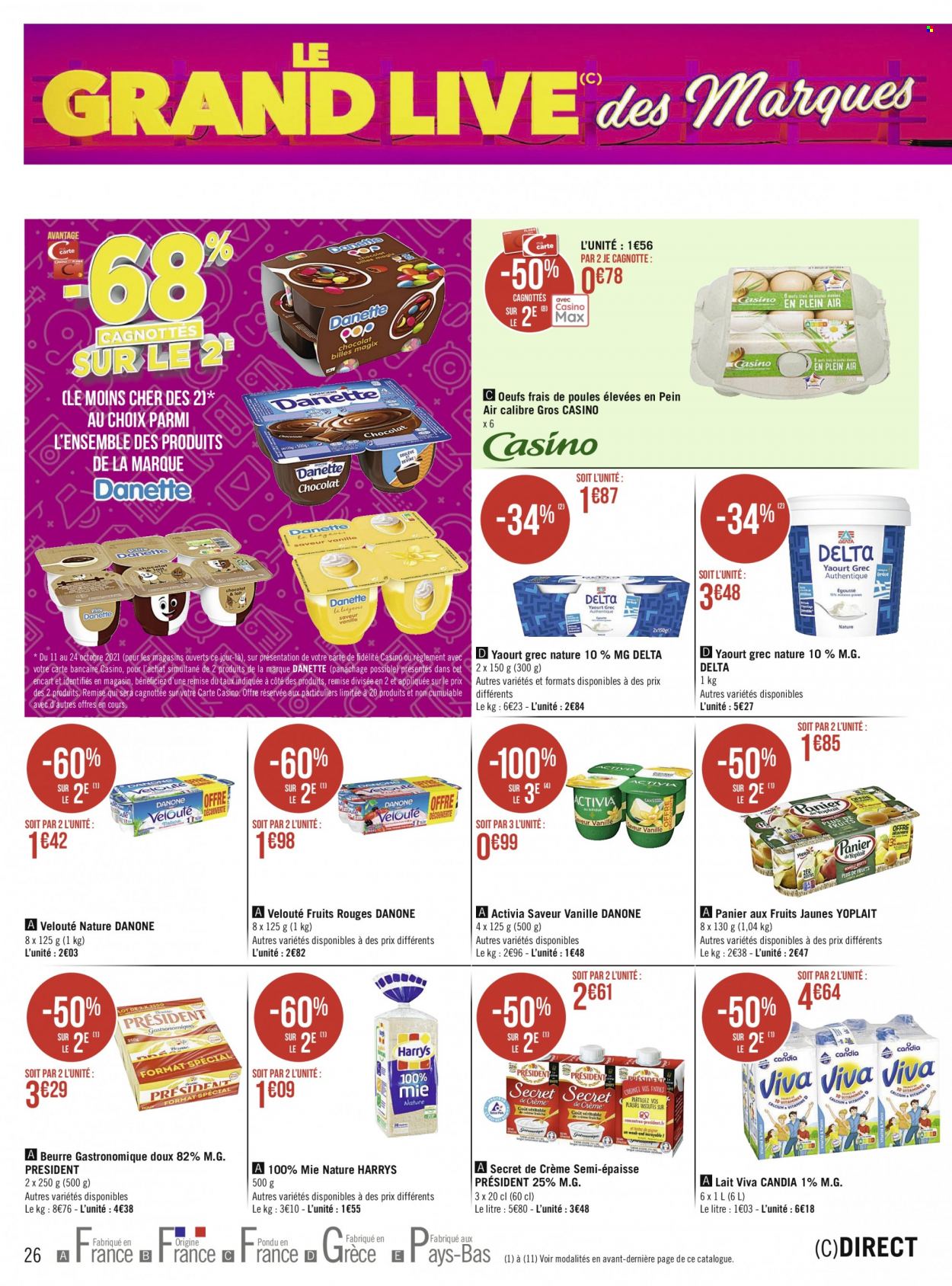 thumbnail - Catalogue EUROSPAR - 11/10/2021 - 24/10/2021 - Produits soldés - velouté, Président, Activia, yaourt, Danette, Danone, Yoplait, Candia, œufs, beurre. Page 26.
