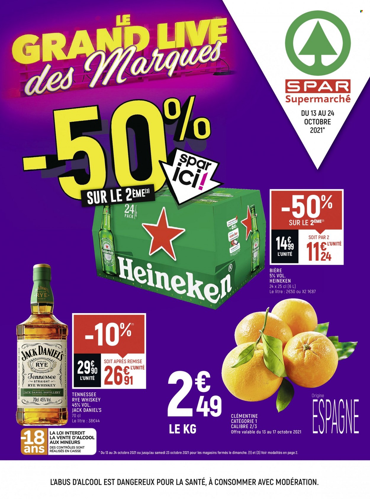 thumbnail - Catalogue Spar Supermarché - 13/10/2021 - 24/10/2021 - Produits soldés - bière, Heineken, clémentines, whisky. Page 1.