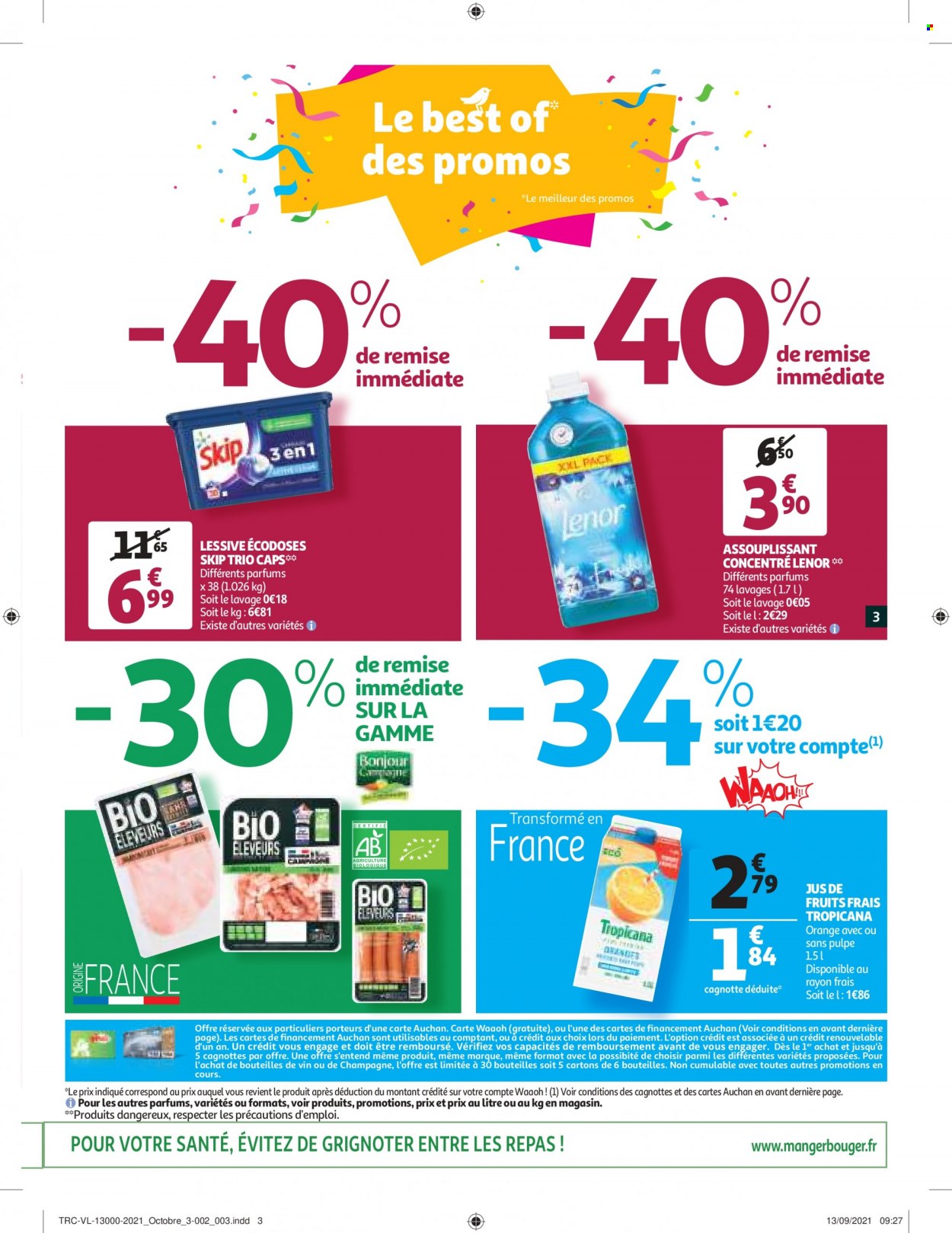 thumbnail - Catalogue Auchan - 13/10/2021 - 19/10/2021 - Produits soldés - Tropicana, assouplissant, Skip, Lenor, lessive. Page 3.
