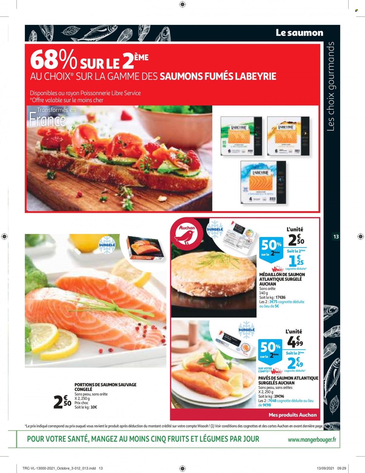 thumbnail - Catalogue Auchan - 13/10/2021 - 19/10/2021 - Produits soldés - saumon, Labeyrie, saumon sauvage, pavés de saumon. Page 13.