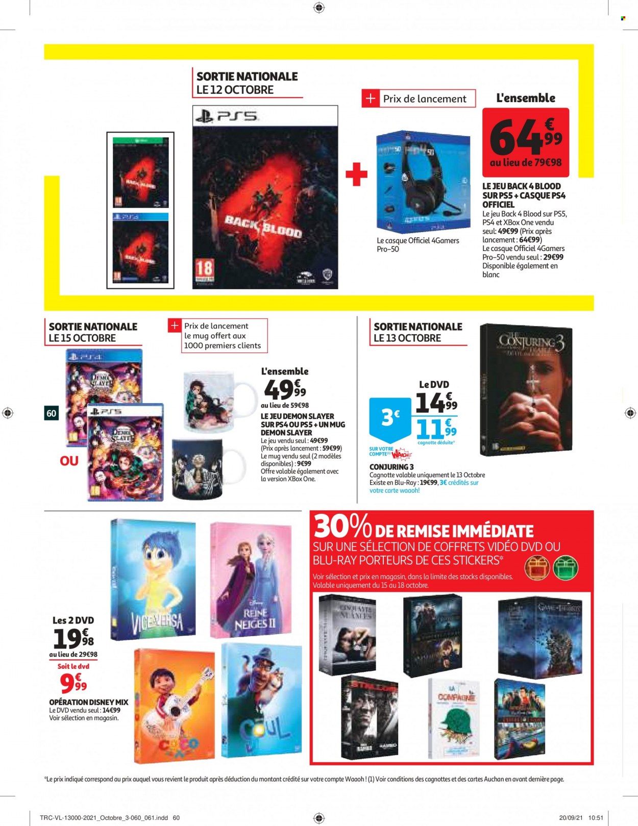 thumbnail - Catalogue Auchan - 13/10/2021 - 19/10/2021 - Produits soldés - casque, Disney, mug, DVD, Xbox, Xbox One, PS5. Page 60.