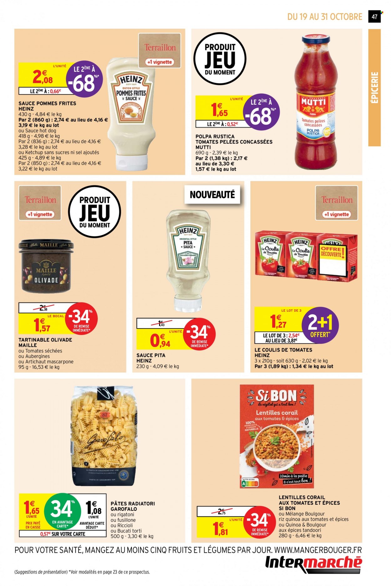 thumbnail - Catalogue Intermarché Super - 19/10/2021 - 31/10/2021 - Produits soldés - artichaut, lentilles, mascarpone, sel, Heinz, quinoa, riz, pâtes, Maille. Page 47.