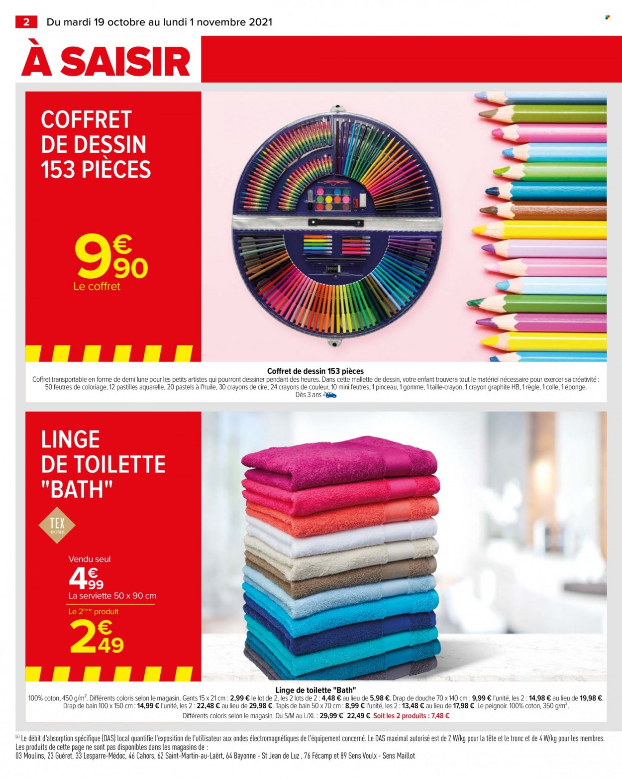 thumbnail - Catalogue Carrefour Hypermarchés - 19/10/2021 - 01/11/2021 - Produits soldés - pinceau, éponge, serviette, taille-crayon, feutre, coloriage, drap, tapis, drap de bain, tapis de bain, peignoir, gants, mallette. Page 2.