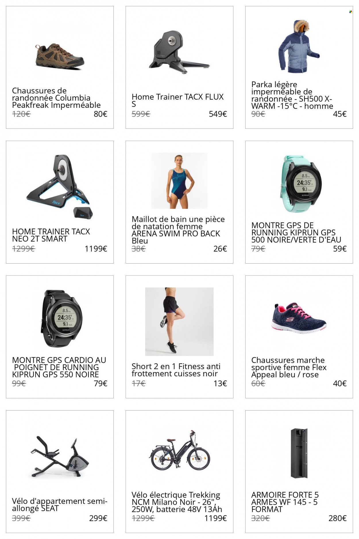 thumbnail - Catalogue Decathlon - Produits soldés - Columbia, Arena, montre, vélo électrique, parka, shorts, maillot de bain, vélo d'appartement. Page 1.
