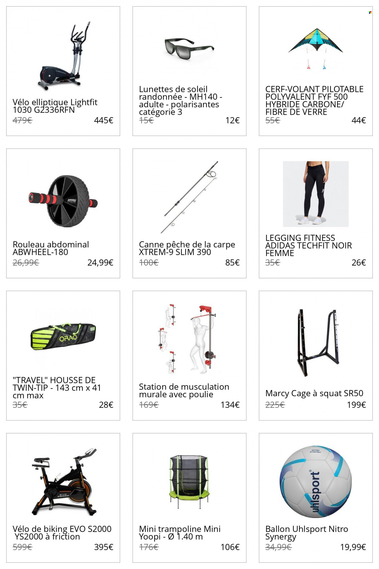 thumbnail - Catalogue Decathlon - Produits soldés - Adidas, leggings, lunettes, lunettes de soleil, ballon, vélo d'appartement, trampoline. Page 15.