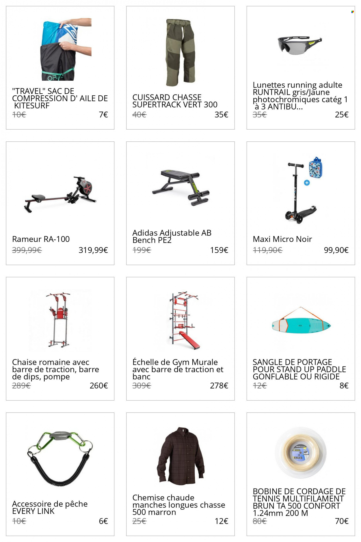 thumbnail - Catalogue Decathlon - Produits soldés - Adidas, chemise, lunettes, rameur, bobine de cordage de tennis. Page 17.