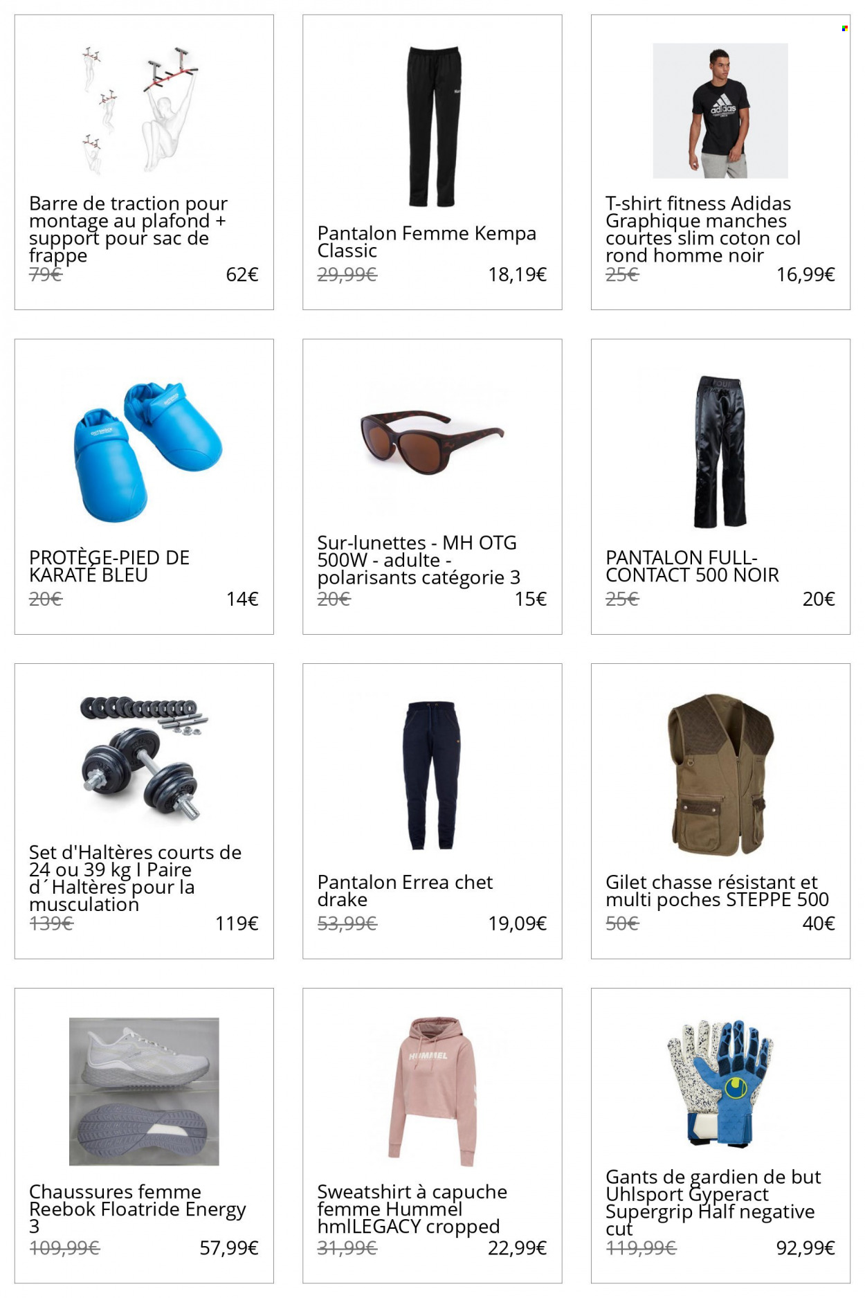 thumbnail - Catalogue Decathlon - Produits soldés - Adidas, Hummel, Reebok, pantalon, t-shirt, gilet, sweat-shirt, lunettes, haltère. Page 29.