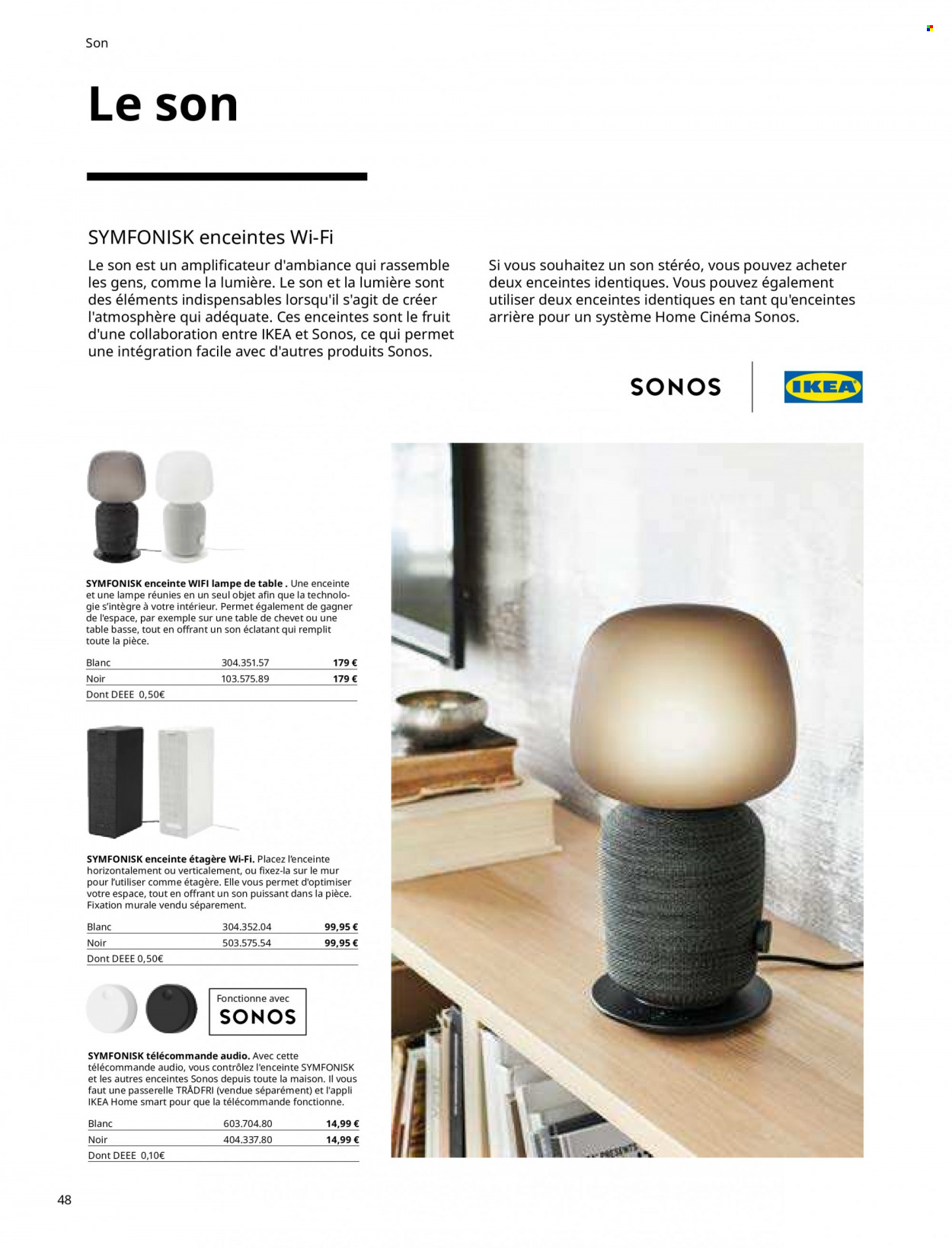 thumbnail - Catalogue IKEA - Produits soldés - enceinte bluetooth, table de chevet, lampe, lampe de table. Page 48.