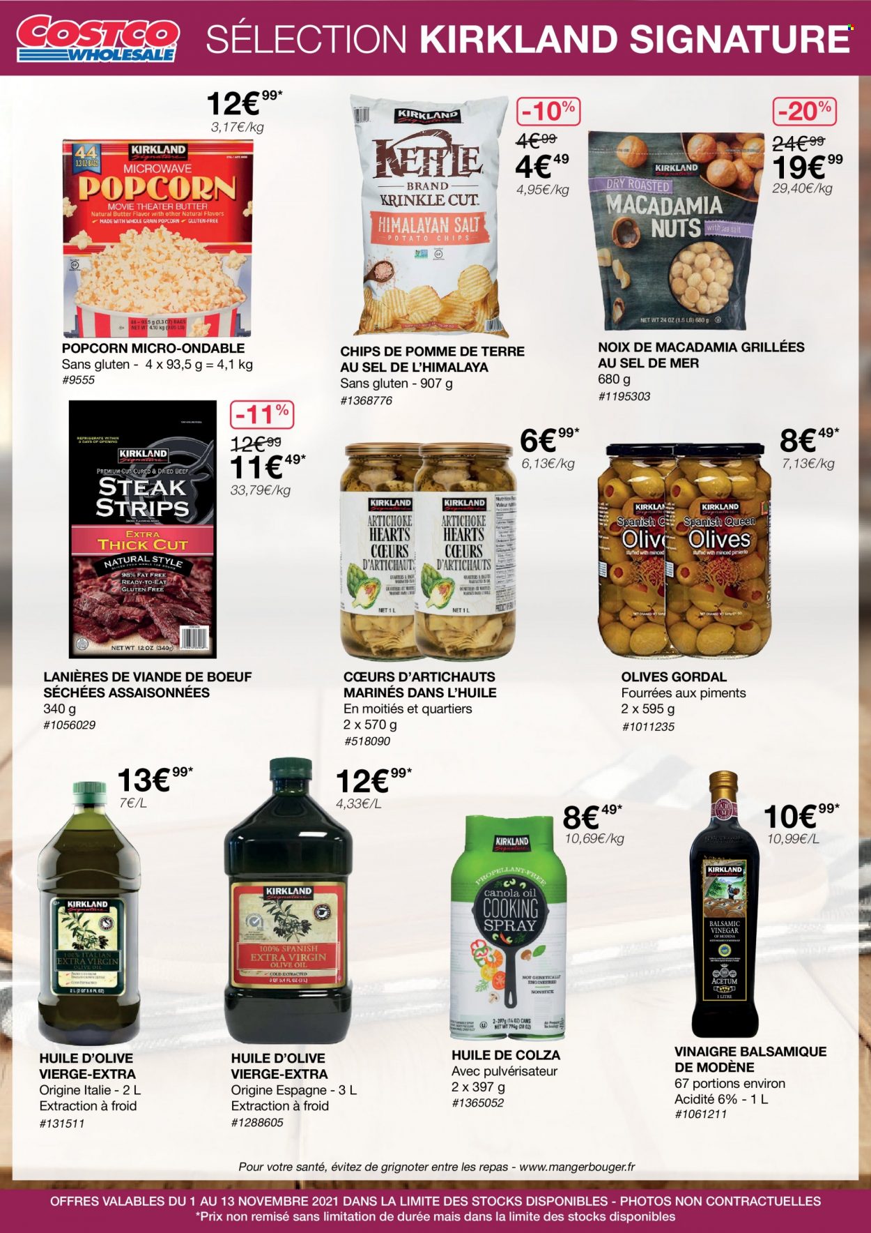 Catalogue Costco - 01/11/2021 - 13/11/2021 - Produits soldés - artichaut, viande de bœuf, popcorn, chips, huile d'olive vierge extra, vinaigre, huile de colza, huile d'olive, vinaigre balsamique, Himalaya. Page 1.