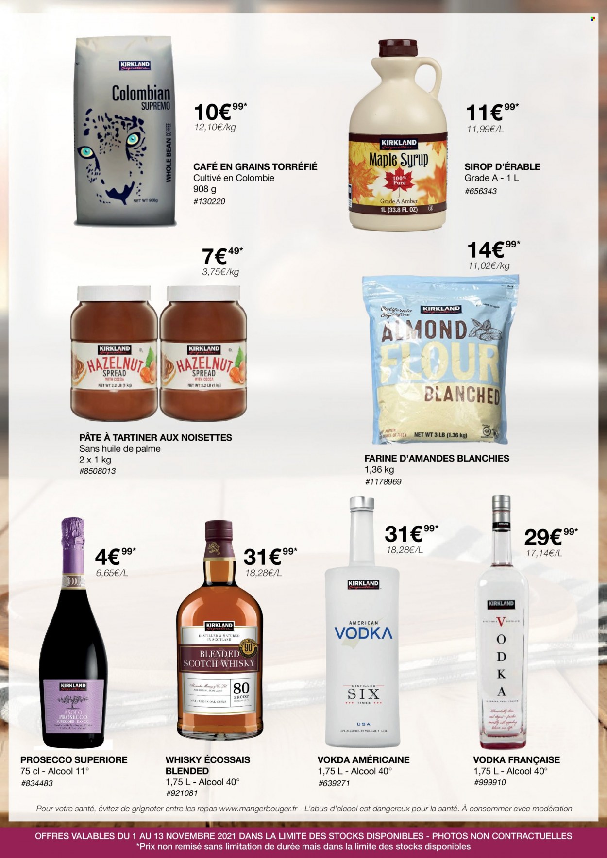 thumbnail - Catalogue Costco - 01/11/2021 - 13/11/2021 - Produits soldés - pâte à tartiner, farine, sirop, café, café en grains, Prosecco, vodka, whisky. Page 3.