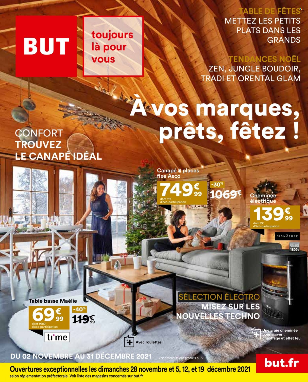 thumbnail - Catalogue BUT - 02/11/2021 - 31/12/2021 - Produits soldés - table, cheminée, canapé 3 places, table basse. Page 1.