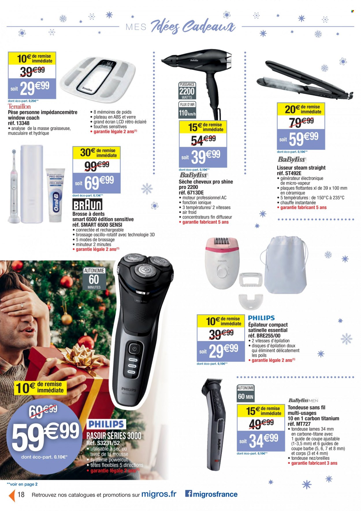thumbnail - Catalogue Migros France - 09/11/2021 - 24/12/2021 - Produits soldés - brosse à dents, rasoir, verre, diffuseur, épilateur, fer à cheveux, sèche-cheveux, tondeuse. Page 18.