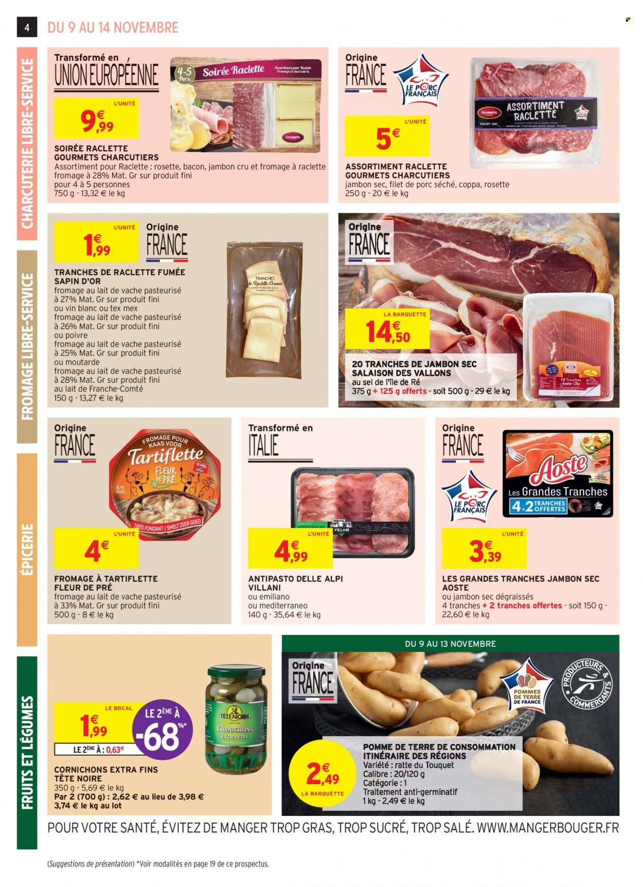 thumbnail - Catalogue Intermarché Hyper - Produits soldés - coppa, jambon sec, rosette, bacon, Aoste, fromage à raclette, La Raclette, cornichons. Page 4.
