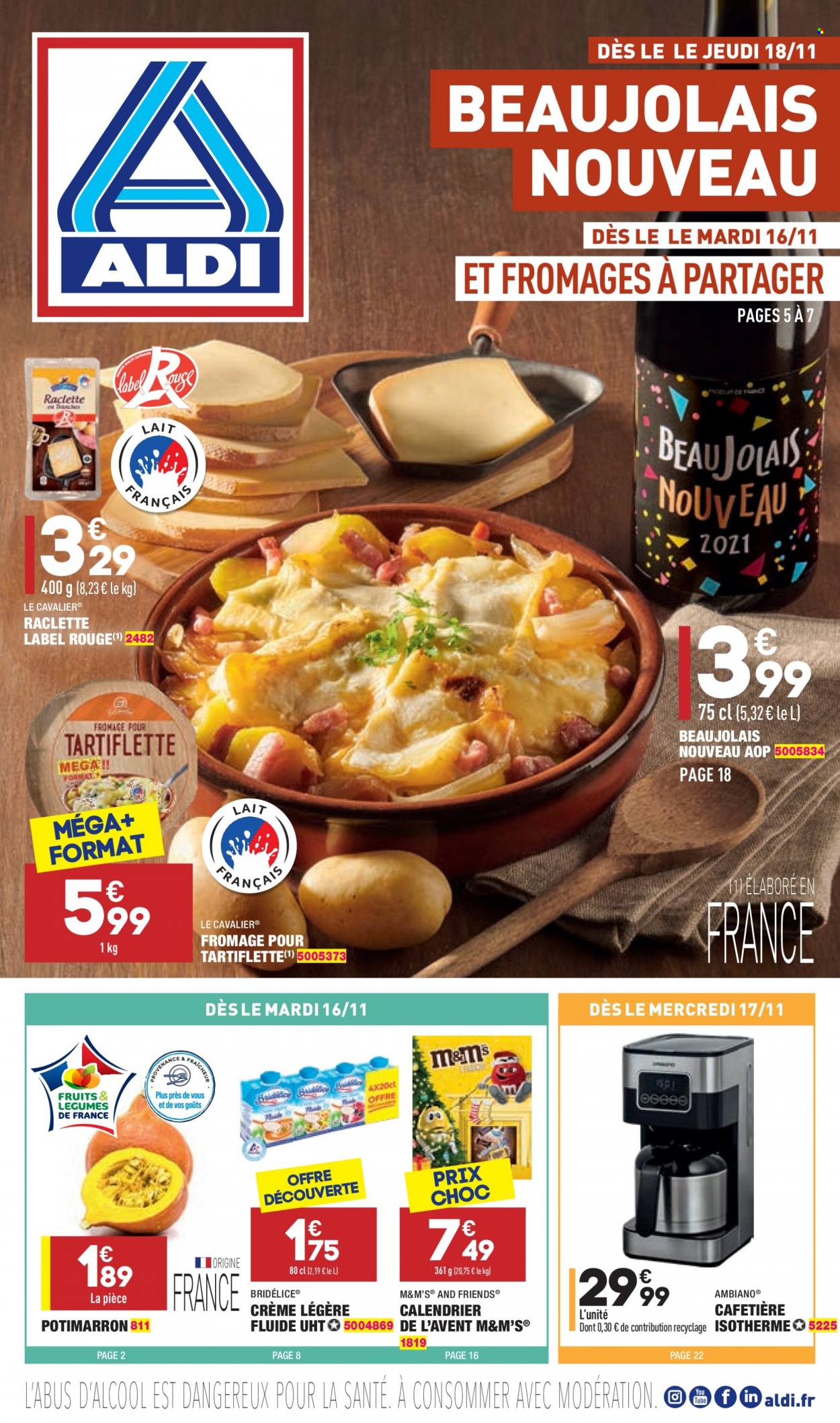 thumbnail - Catalogue ALDI - 16/11/2021 - 22/11/2021 - Produits soldés - potimarron, La Raclette, crème liquide, M&M's, Beaujolais, calendrier, cafetière. Page 1.
