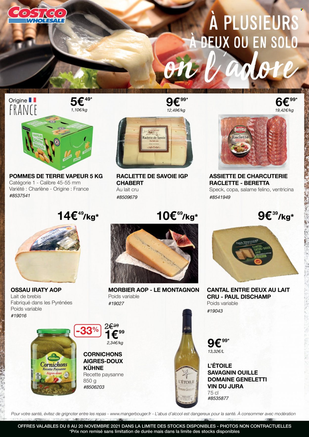 thumbnail - Catalogue Costco - 08/11/2021 - 20/11/2021 - Produits soldés - pommes de terre, charcuterie tranchée, Cantal, Ossau-Iraty, Morbier, cornichons, vin. Page 1.