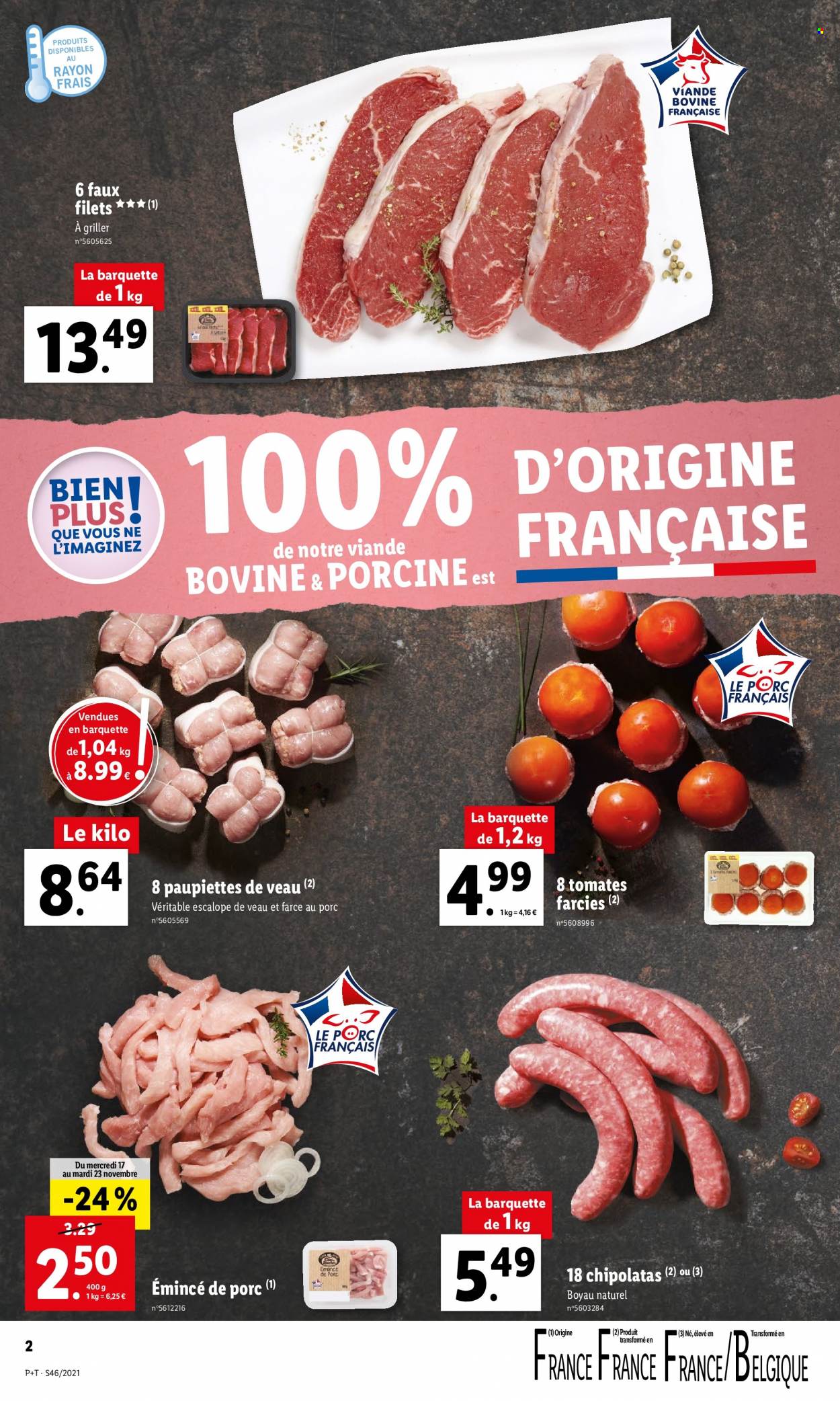 thumbnail - Catalogue Lidl - 17/11/2021 - 23/11/2021 - Produits soldés - escalope, paupiette, escalope de veau, tomate farcie, chipolata. Page 2.