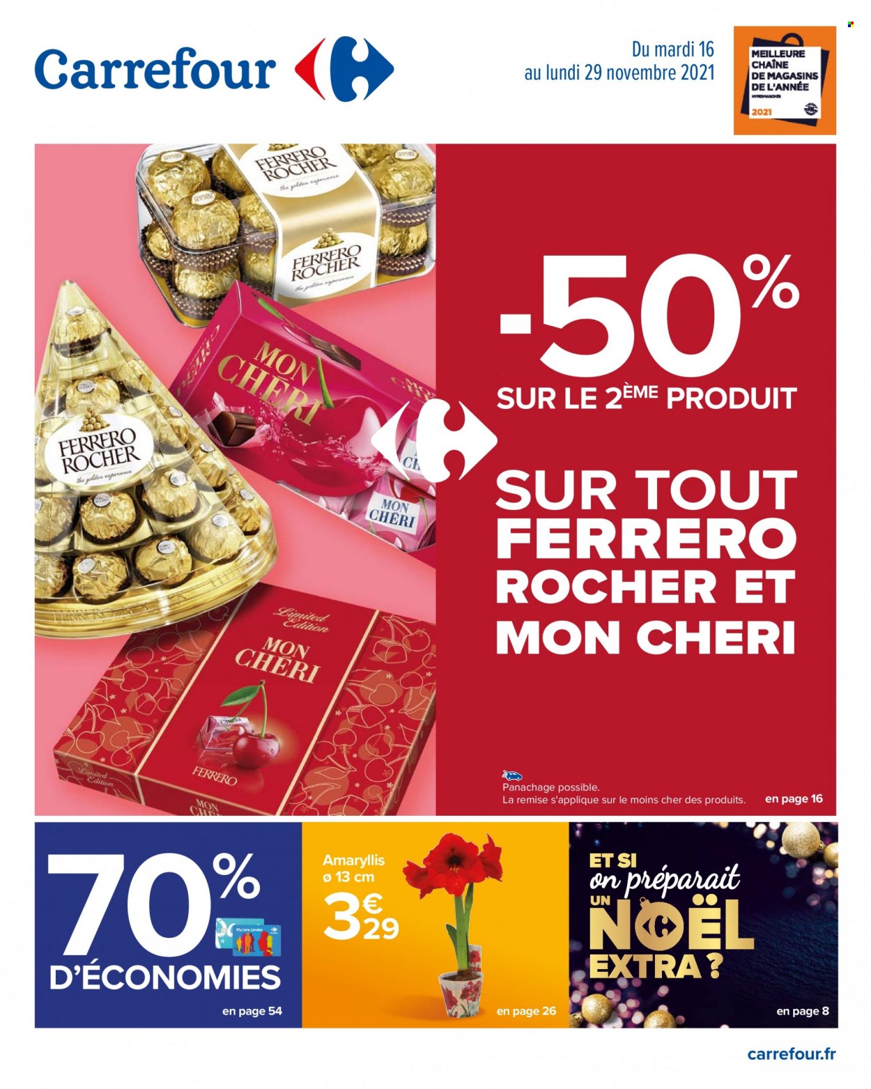 thumbnail - Catalogue Carrefour Hypermarchés - 16/11/2021 - 29/11/2021 - Produits soldés - Ferrero Rocher, Mon Chéri, amaryllis. Page 1.