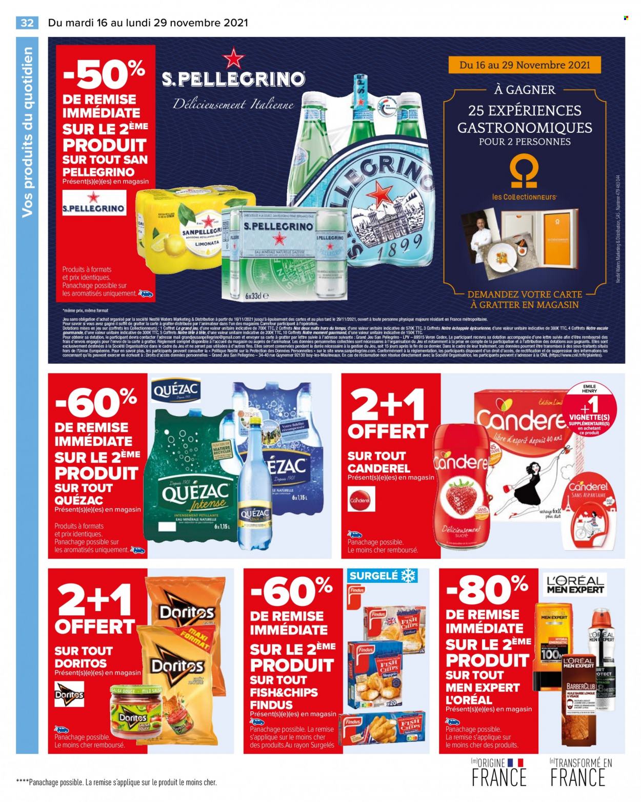 thumbnail - Catalogue Carrefour Hypermarchés - 16/11/2021 - 29/11/2021 - Produits soldés - L'Oréal, Findus, Nestlé, Doritos, San Pellegrino, Quézac, coffret. Page 32.