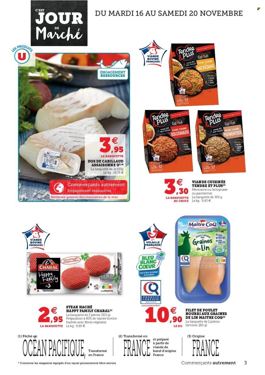 thumbnail - Catalogue U express - 16/11/2021 - 27/11/2021 - Produits soldés - Maître CoQ, filet de poulet, viande de poulet, steak haché, viande hachée, cabillaud. Page 3.