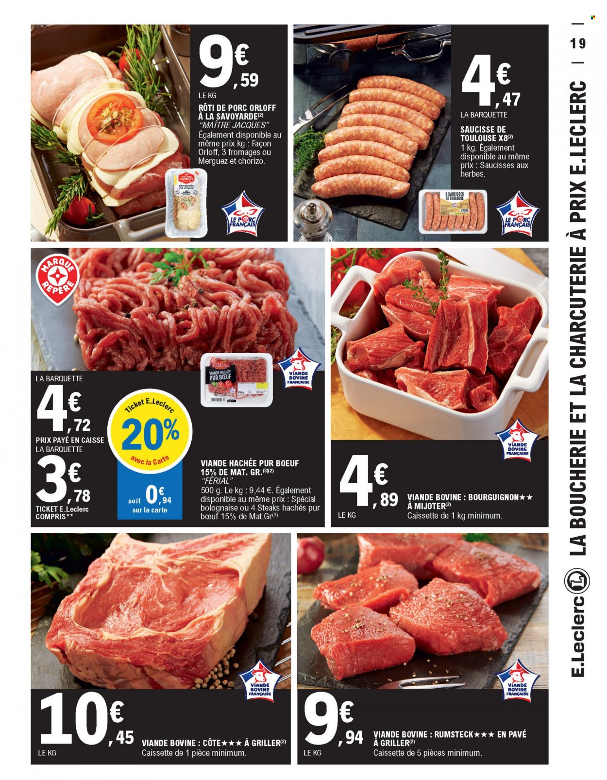 thumbnail - Catalogue E.Leclerc - 16/11/2021 - 27/11/2021 - Produits soldés - rôti de porc, viande de porc, steak haché, viande hachée, merguez, saucisse. Page 19.