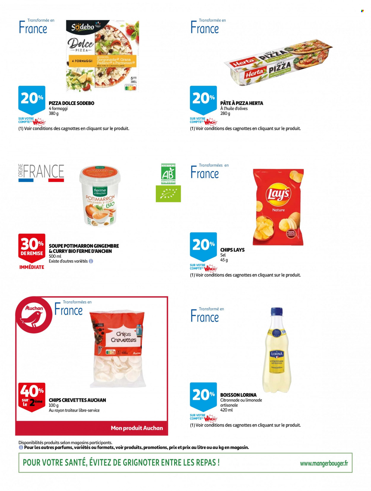 thumbnail - Catalogue Auchan - 17/11/2021 - 30/11/2021 - Produits soldés - potimarron, crevettes, soupe, Sodebo, Herta, gorgonzola, parmesan, pâte à pizza, chips, sel, curry, limonade, Lorina, citronnade. Page 4.