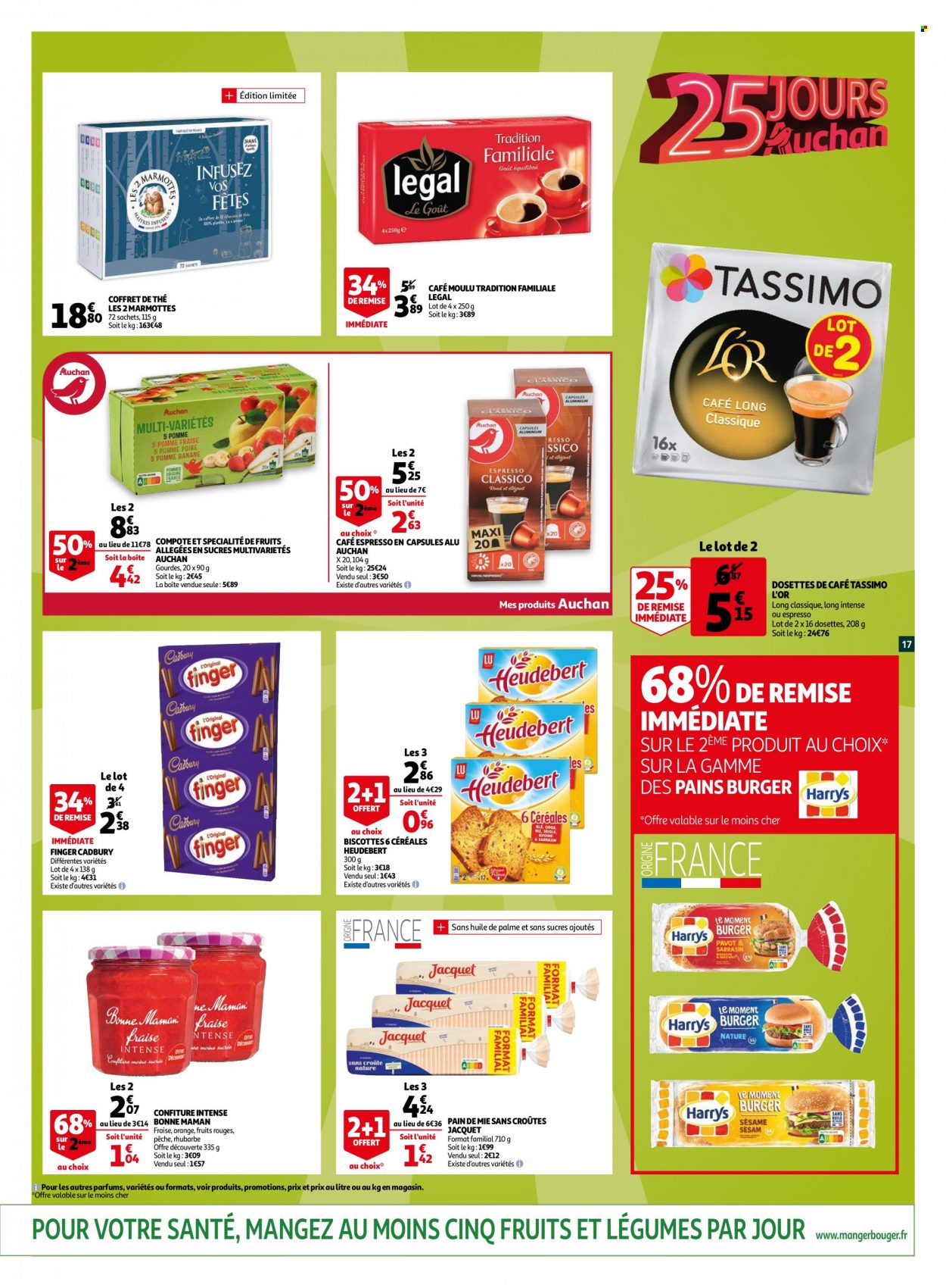 thumbnail - Catalogue Auchan - 17/11/2021 - 23/11/2021 - Produits soldés - bananes, rhubarbe, biscottes, LU, céréales, sésame, confiture, thé, café moulu, dosettes de café. Page 17.
