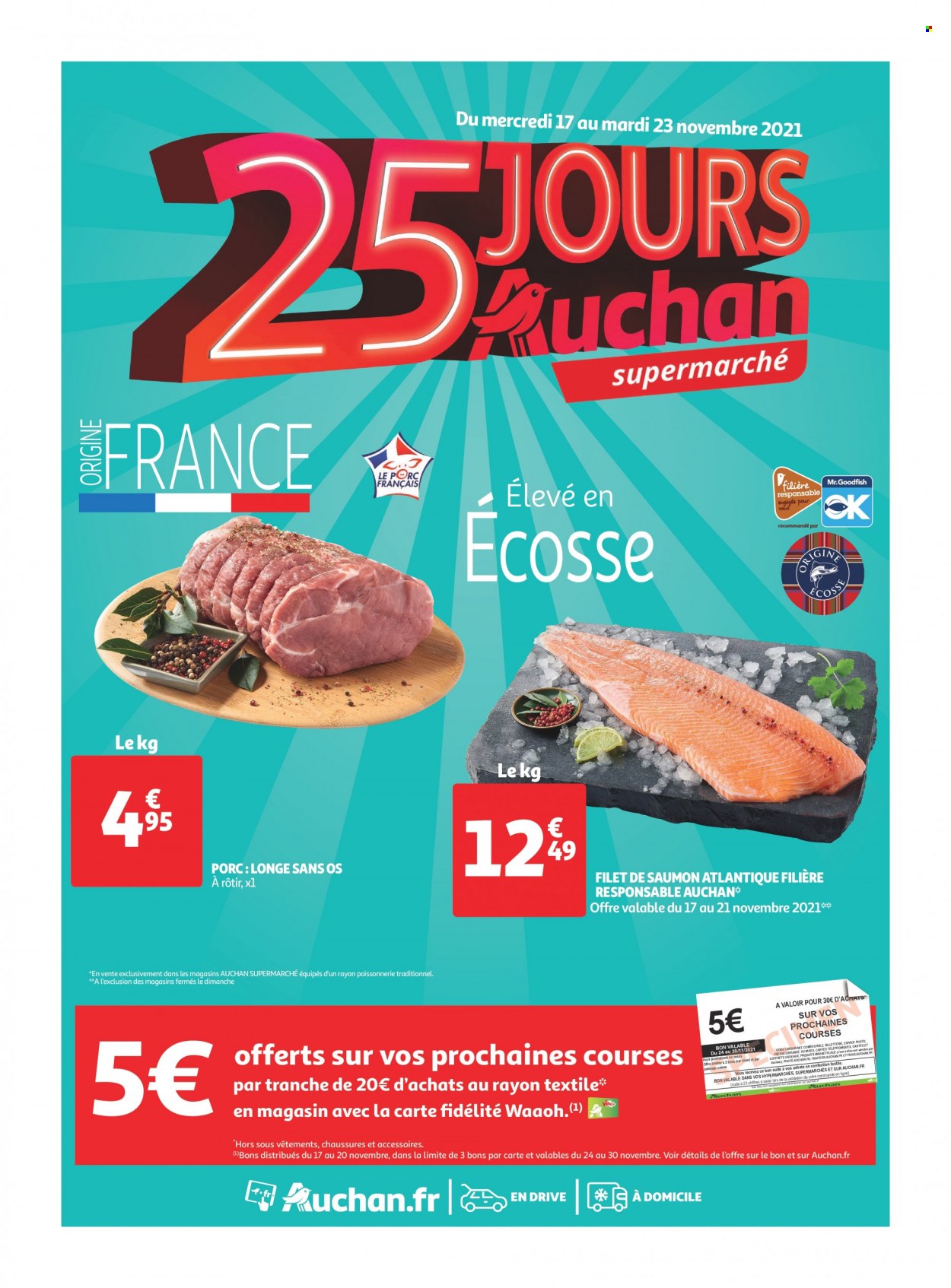 thumbnail - Catalogue Auchan - 17/11/2021 - 23/11/2021 - Produits soldés - longe de porc, saumon, pavés de saumon. Page 1.