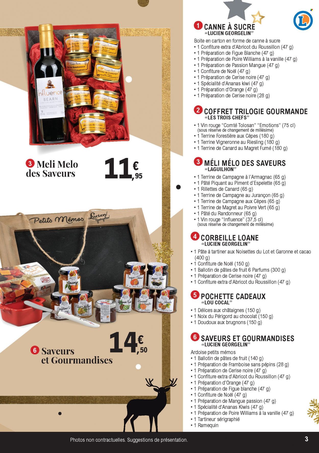thumbnail - Catalogue E.Leclerc - 16/11/2021 - 31/12/2021 - Produits soldés - kiwi, rillettes, pâte à tartiner, terrine, rillettes de canard, sucre, confiture, vin rouge, vin, corbeille, coffret, pochette. Page 3.