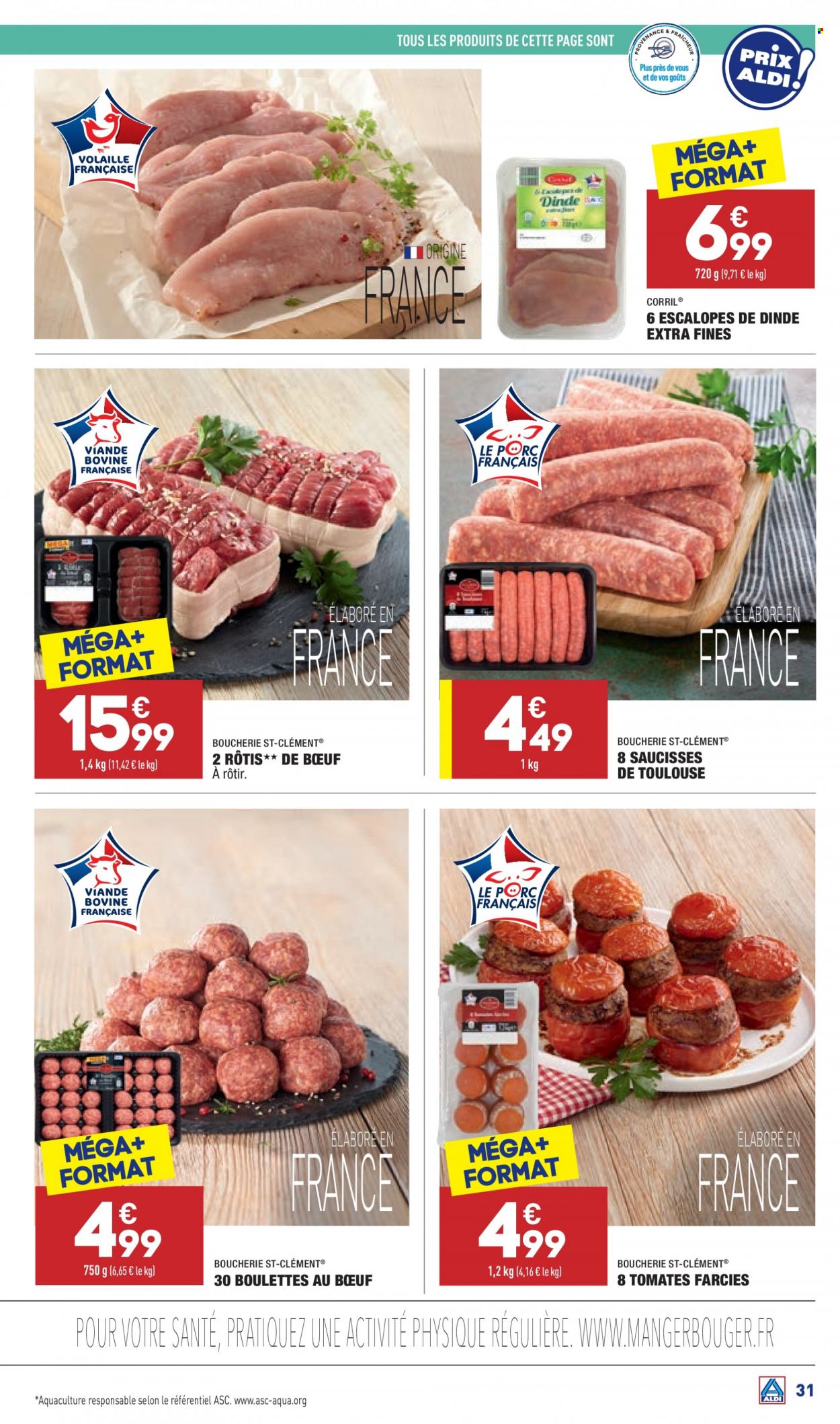 thumbnail - Catalogue ALDI - 23/11/2021 - 29/11/2021 - Produits soldés - escalope, viande de dinde, escalope de dinde, rôti de bœuf, boulettes de bœuf, tomate farcie, saucisse. Page 33.