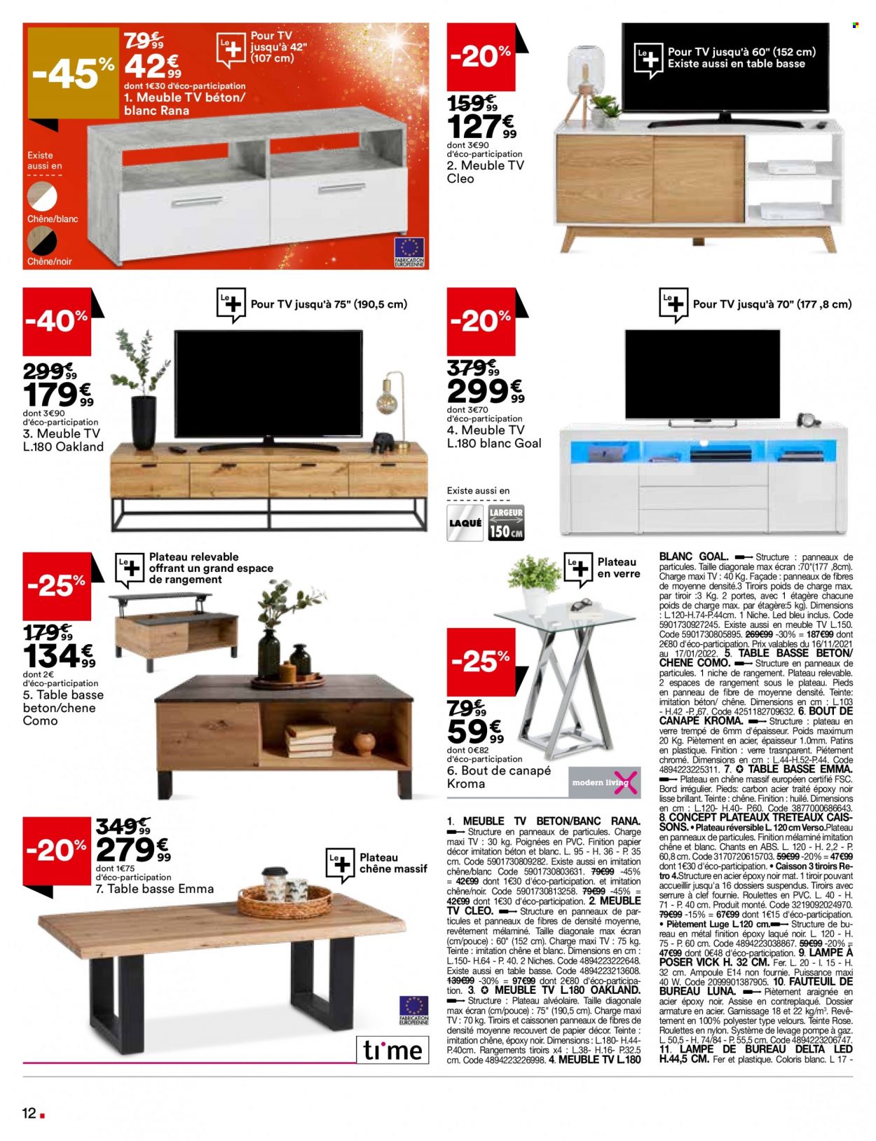thumbnail - Catalogue BUT - 16/11/2021 - 31/12/2021 - Produits soldés - table, banc, bout de canapé, meuble tv, lampe, lampe de bureau. Page 12.