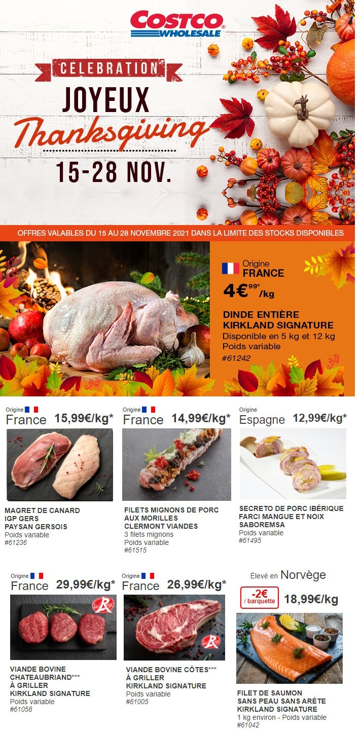 thumbnail - Catalogue Costco - 15/11/2021 - 28/11/2021 - Produits soldés - filet mignon, viande de porc, mangue, magret de canard, viande de dinde, saumon, pavés de saumon. Page 1.
