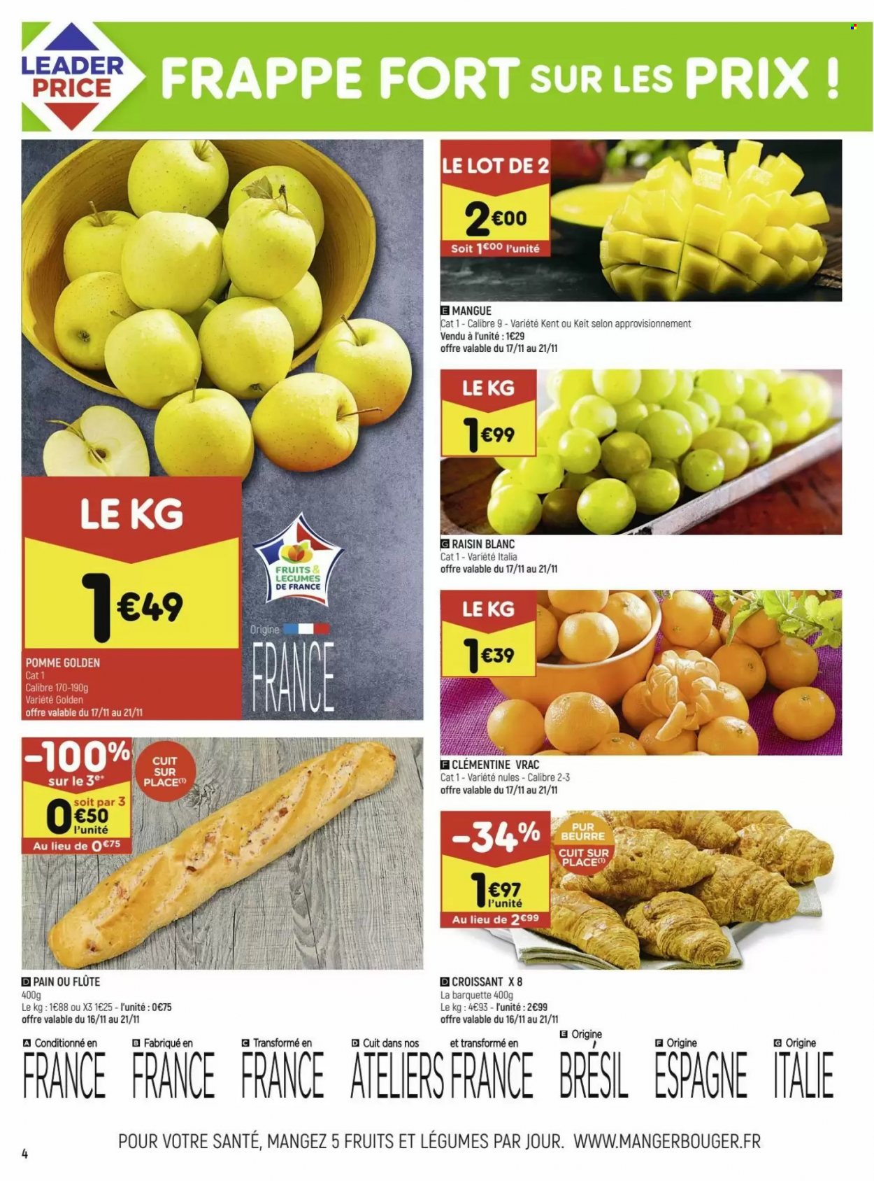 thumbnail - Catalogue Leader Price - 16/11/2021 - 28/11/2021 - Produits soldés - pommes, clémentines, mangue, croissant, pain. Page 4.