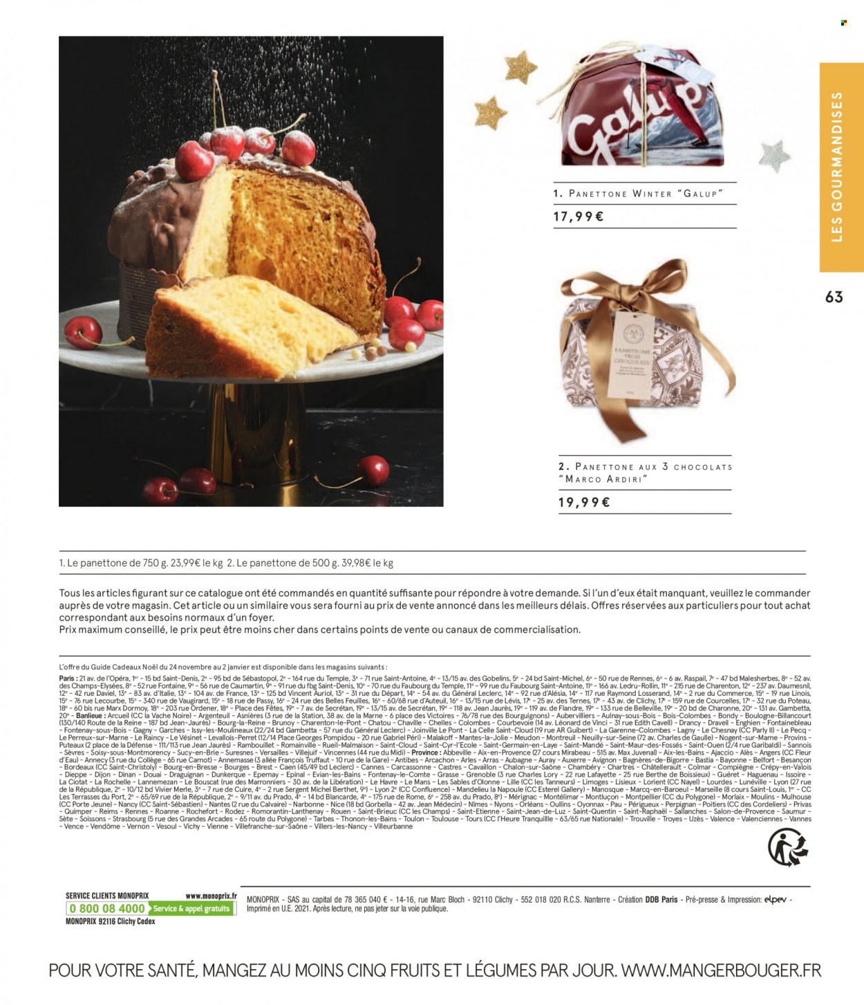thumbnail - Catalogue Monoprix - 24/11/2021 - 02/01/2022 - Produits soldés - panettone, Comté, Évian, Thonon, Bordeaux, champagne, vin rouge, Vendôme, Vichy, Levis, fleur. Page 63.