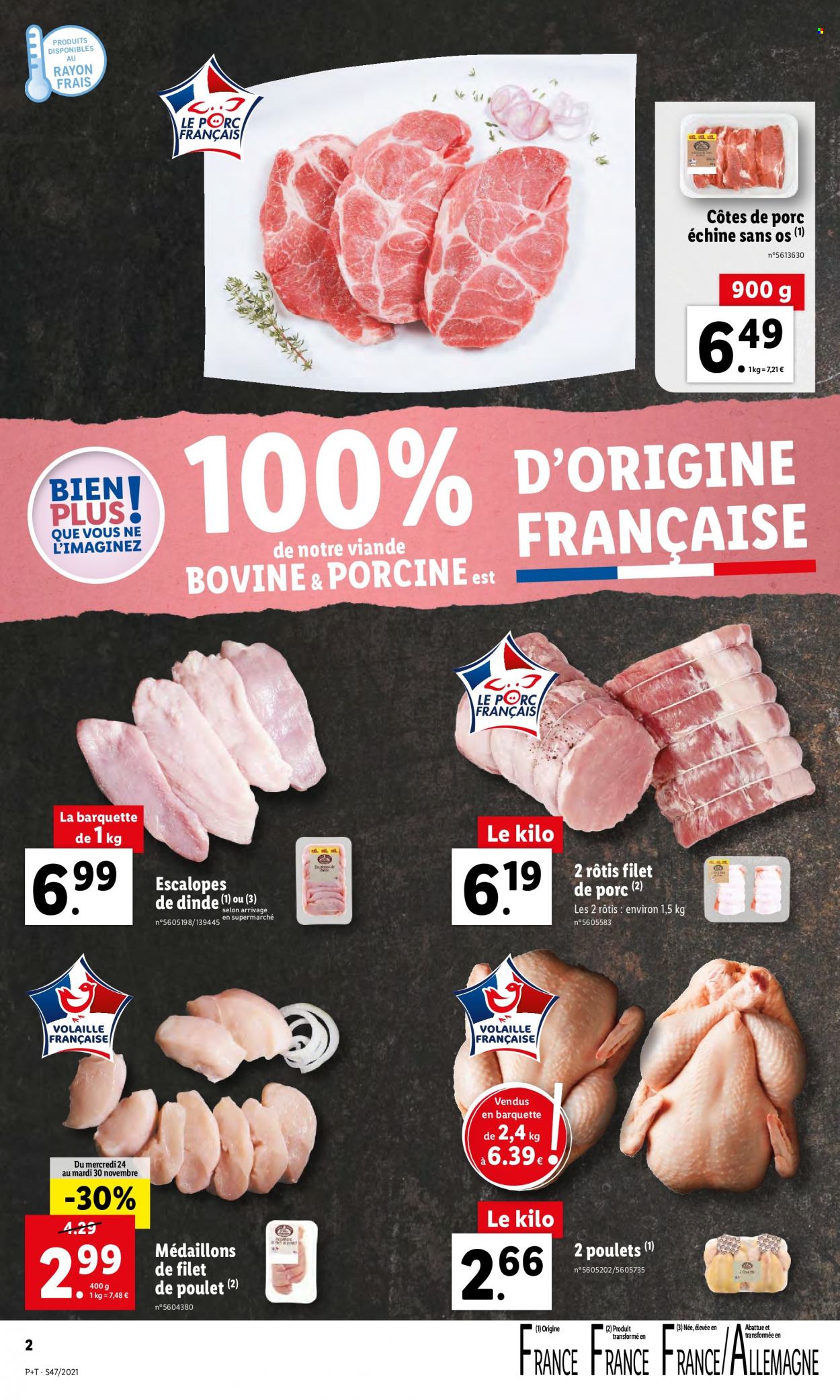 thumbnail - Catalogue Lidl - 24/11/2021 - 30/11/2021 - Produits soldés - côtes de porc, côtes de porc échine, escalope, rôti de porc, viande de porc, filet de poulet, viande de poulet, viande de dinde, escalope de dinde. Page 2.