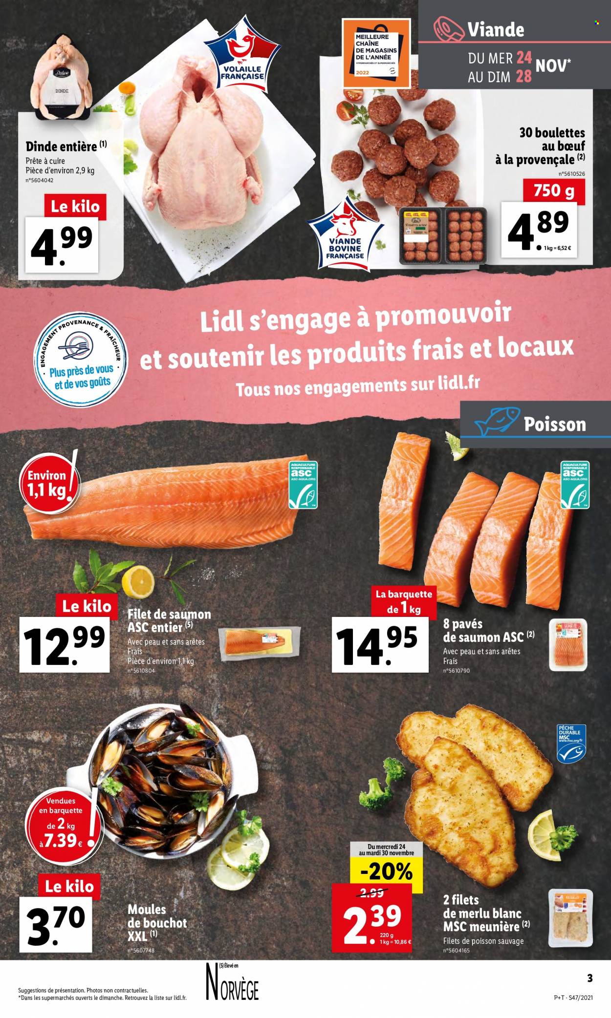 thumbnail - Catalogue Lidl - 24/11/2021 - 30/11/2021 - Produits soldés - viande de dinde, boulettes de bœuf, saumon, merlu, moules, pavés de saumon. Page 3.