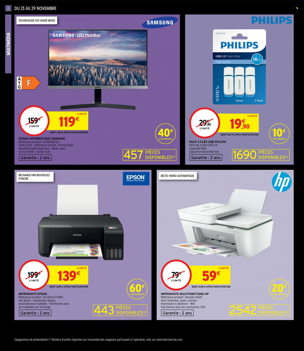 thumbnail - Catalogue Intermarché - 23/11/2021 - 29/11/2021 - Produits soldés - Philips, Samsung, Hewlett Packard, tablette, Epson, imprimante, imprimante multifonctions. Page 2.