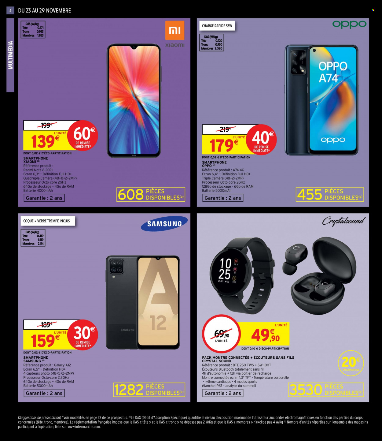 thumbnail - Catalogue Intermarché - 23/11/2021 - 29/11/2021 - Produits soldés - Samsung, Xiaomi, smartphone, Oppo, montre, montre connectée, caméra, écouteurs. Page 4.