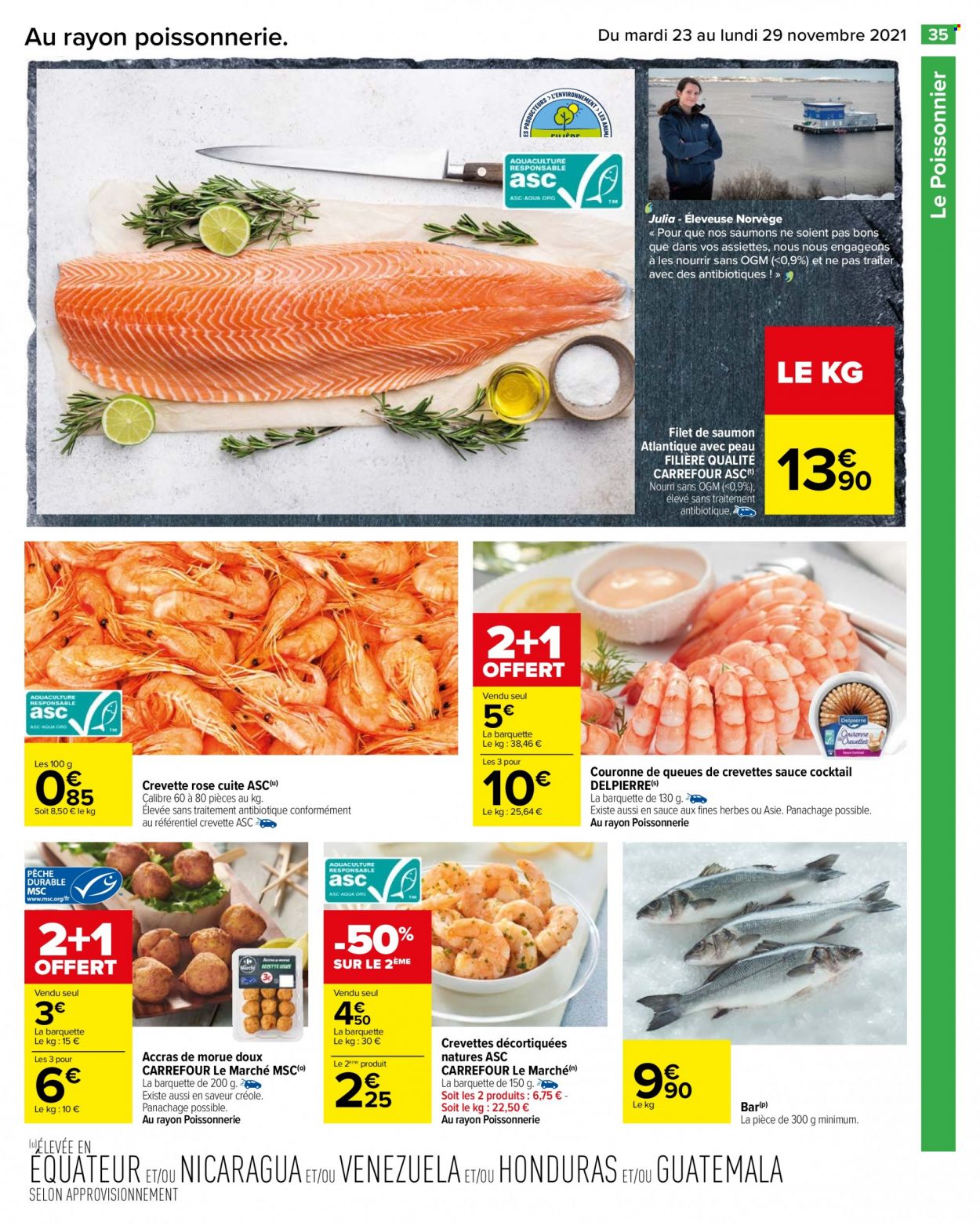 thumbnail - Catalogue Carrefour Hypermarchés - 23/11/2021 - 29/11/2021 - Produits soldés - saumon, crevettes, crevette rosé, pavés de saumon, accras de morue. Page 35.