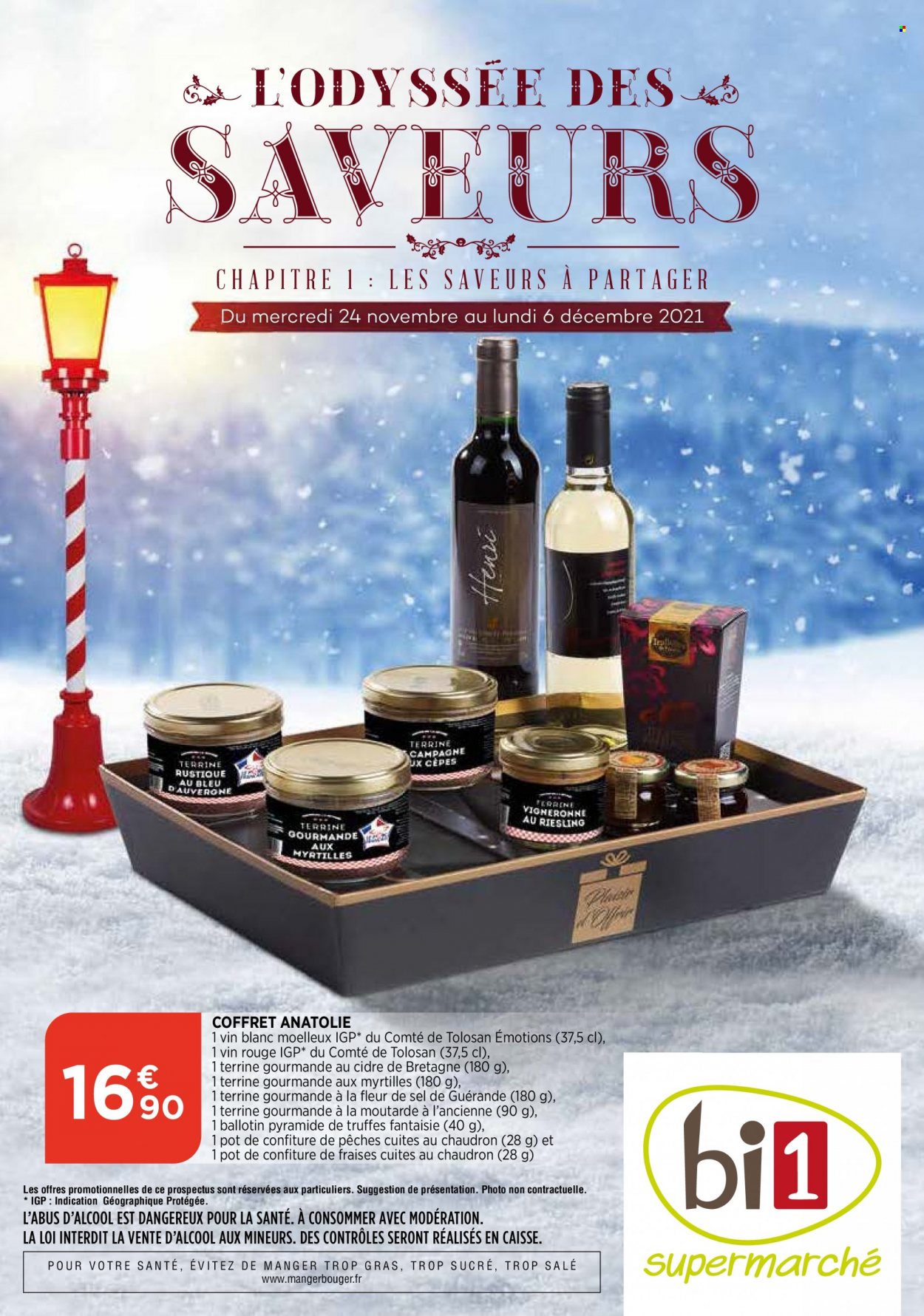 thumbnail - Catalogue Bi1 - 24/11/2021 - 06/12/2021 - Produits soldés - terrine, truffes, moutarde à l’ancienne, vin blanc, vin rouge, vin, coffret. Page 1.