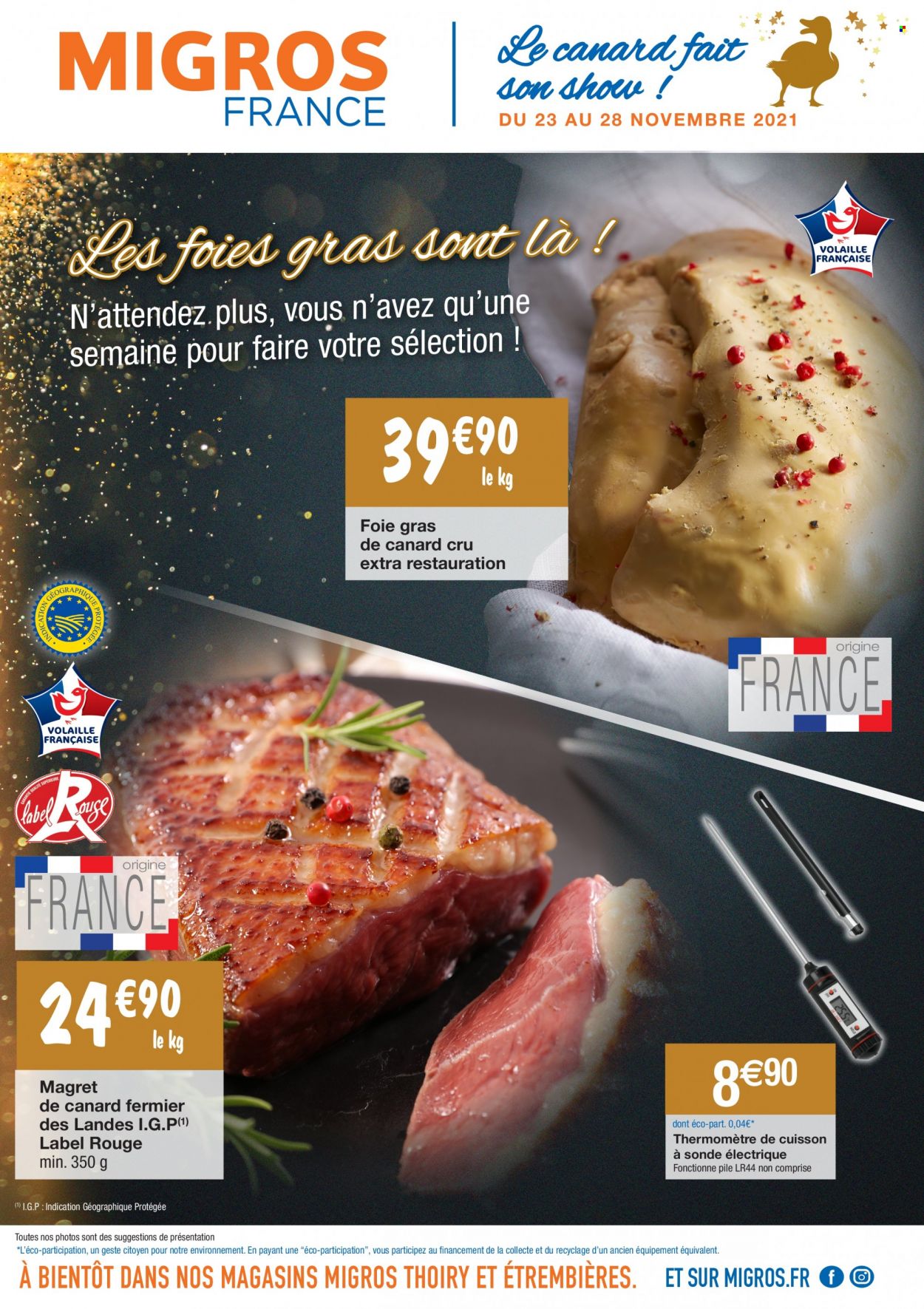 thumbnail - Catalogue Migros France - 23/11/2021 - 28/11/2021 - Produits soldés - magret de canard, foie gras, thermomètre. Page 1.
