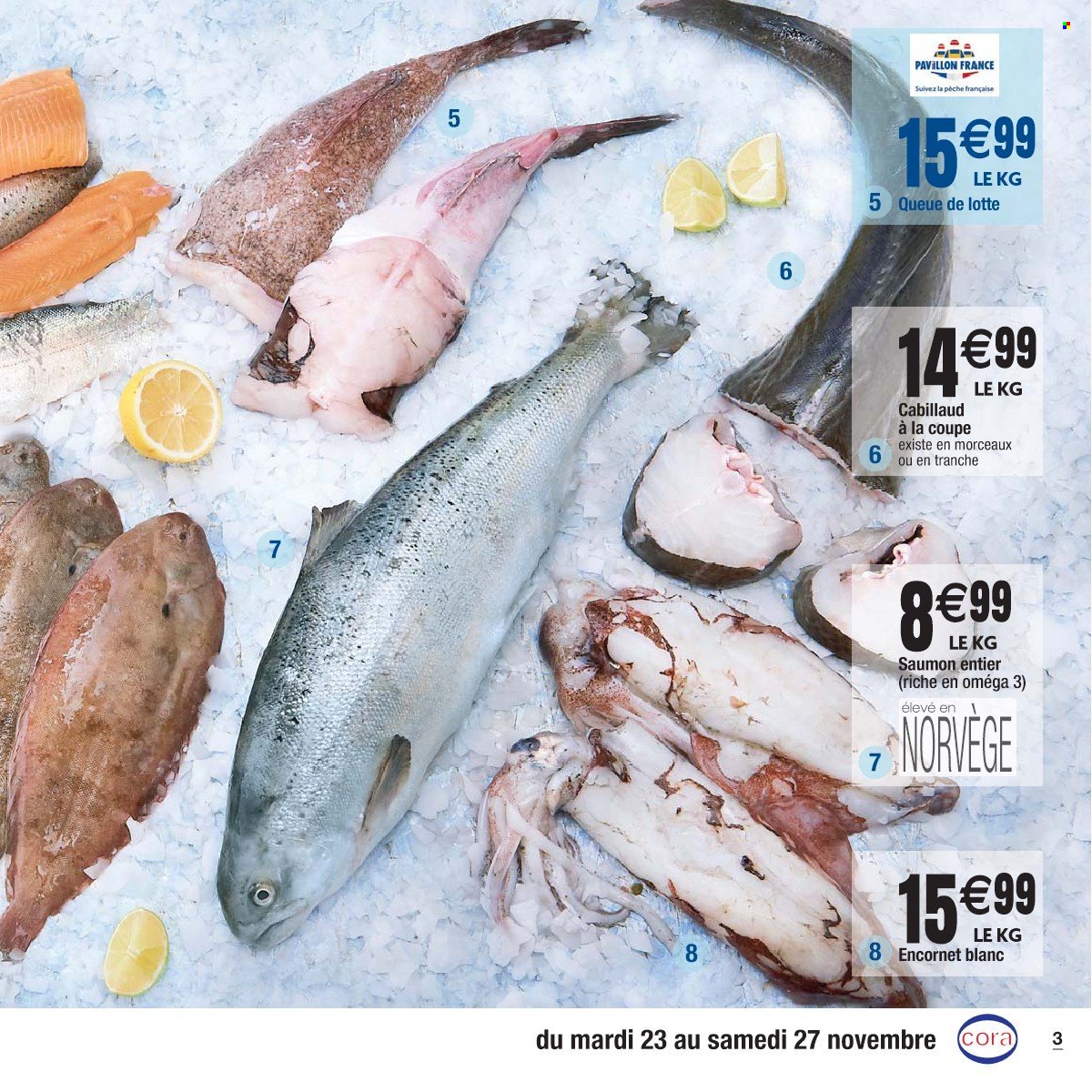 thumbnail - Catalogue Cora - 23/11/2021 - 27/11/2021 - Produits soldés - saumon, cabillaud, queue de lotte, encornet. Page 3.