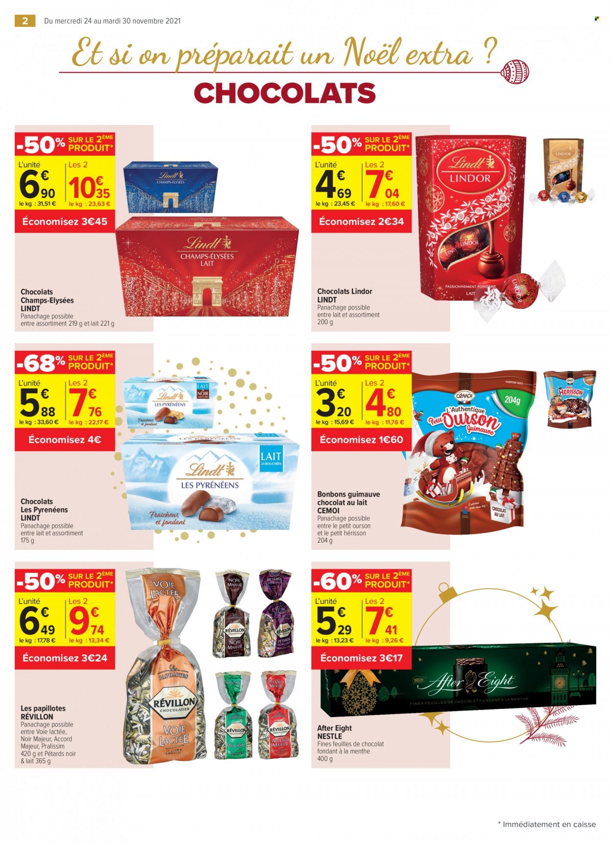 thumbnail - Catalogue Carrefour Contact - 24/11/2021 - 30/11/2021 - Produits soldés - Nestlé, chocolat, bonbons, Lindor, chocolat au lait, Lindt, papillotes. Page 2.