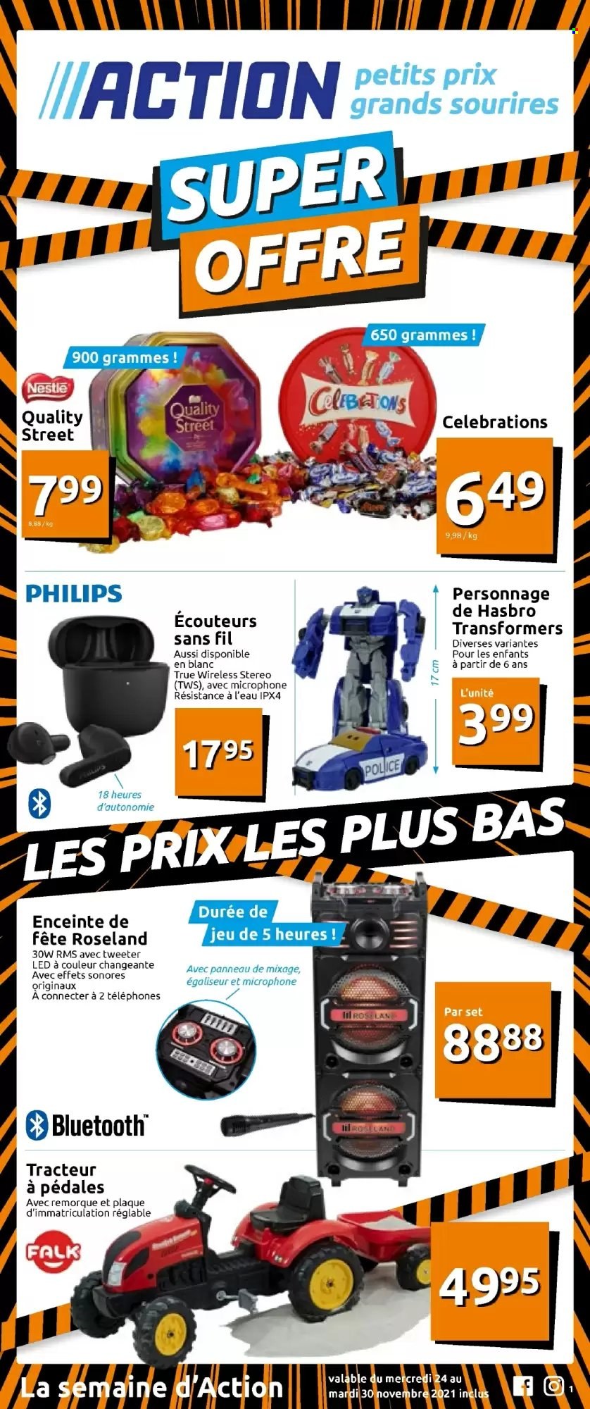 thumbnail - Catalogue Action - 24/11/2021 - 30/11/2021 - Produits soldés - remorque, Philips, Nestlé, Celebrations, enceinte, enceinte bluetooth, écouteurs. Page 1.