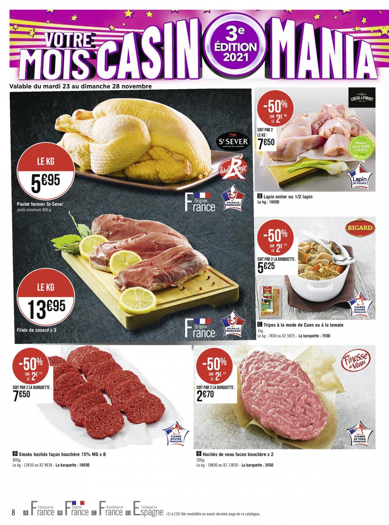 thumbnail - Catalogue Géant Casino - 22/11/2021 - 05/12/2021 - Produits soldés - poulet, viande de poulet, filet de canard, viande de veau, steak haché, viande hachée, lapin entier, viande de lapin. Page 8.