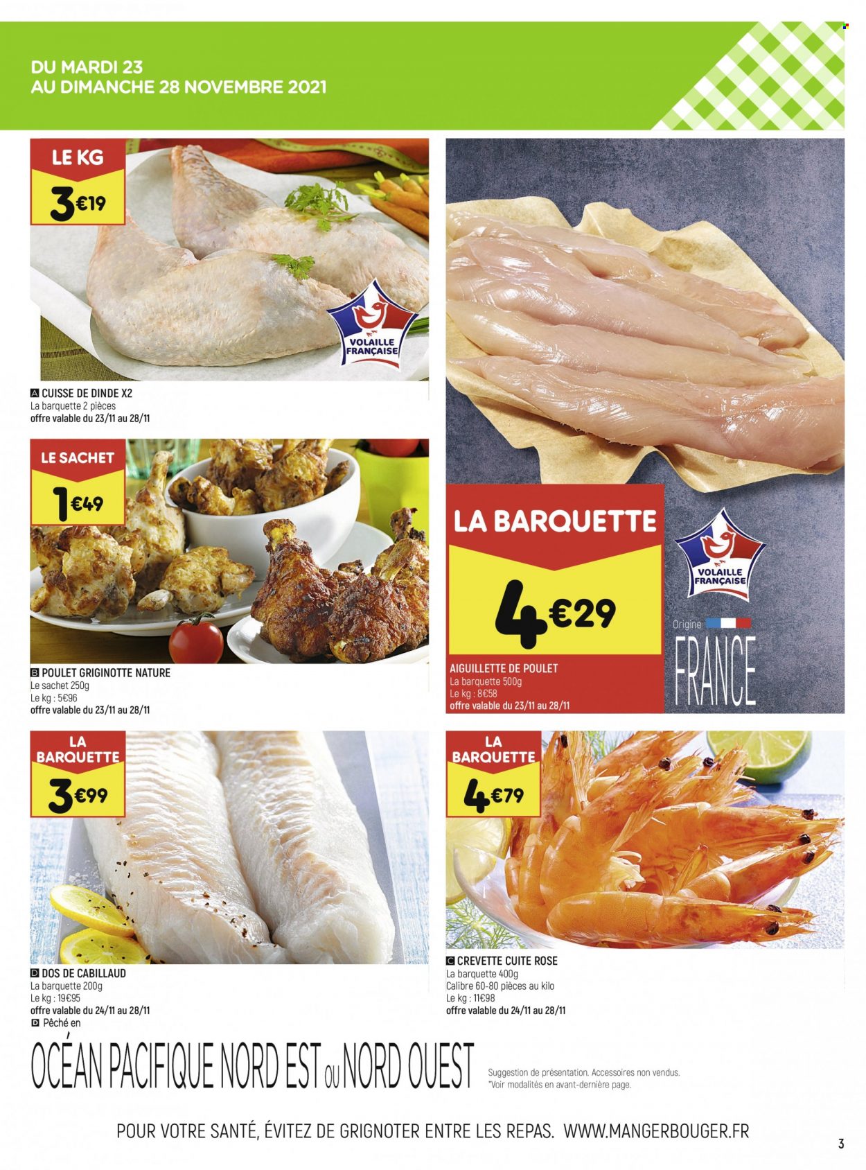 thumbnail - Catalogue Leader Price - 23/11/2021 - 05/12/2021 - Produits soldés - viande de dinde, cuisse de dinde, cabillaud, crevettes. Page 3.