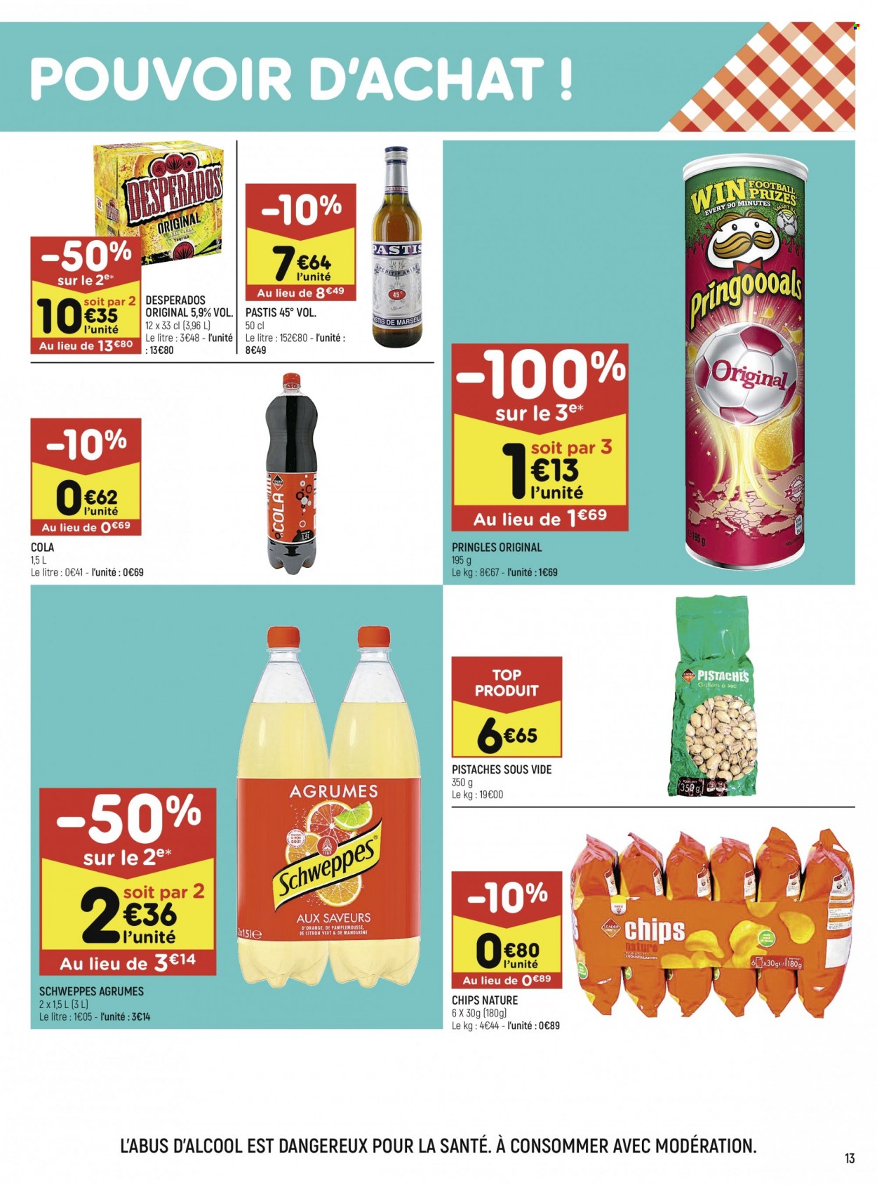 thumbnail - Catalogue Leader Price - 23/11/2021 - 05/12/2021 - Produits soldés - mandarines, chips, Pringles, pistache, Coca-Cola, Schweppes, tequila, pastis. Page 13.