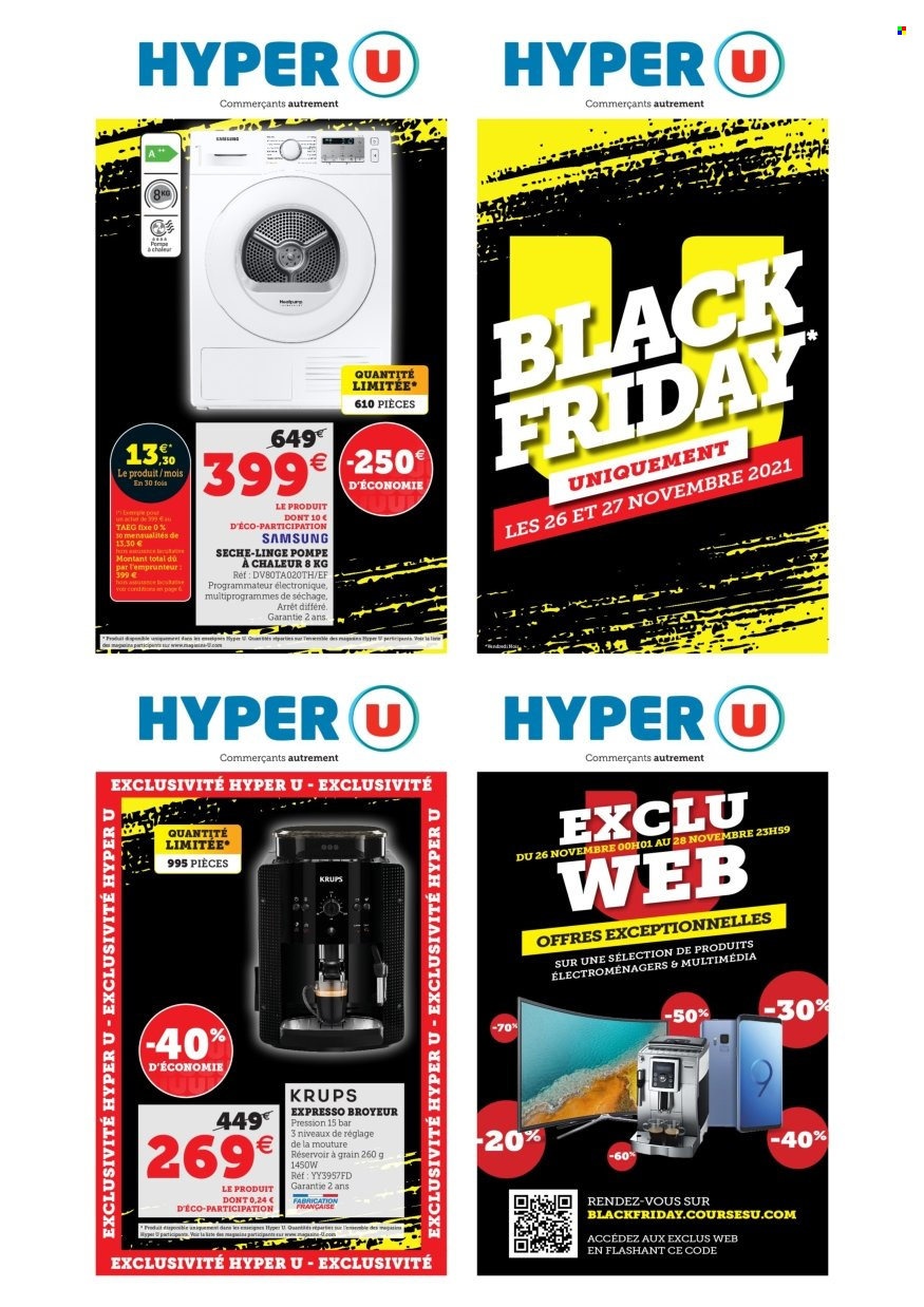 thumbnail - Catalogue HYPER U - 26/11/2021 - 27/11/2021 - Produits soldés - Samsung, Expresso, sèche-linge, Krups. Page 1.