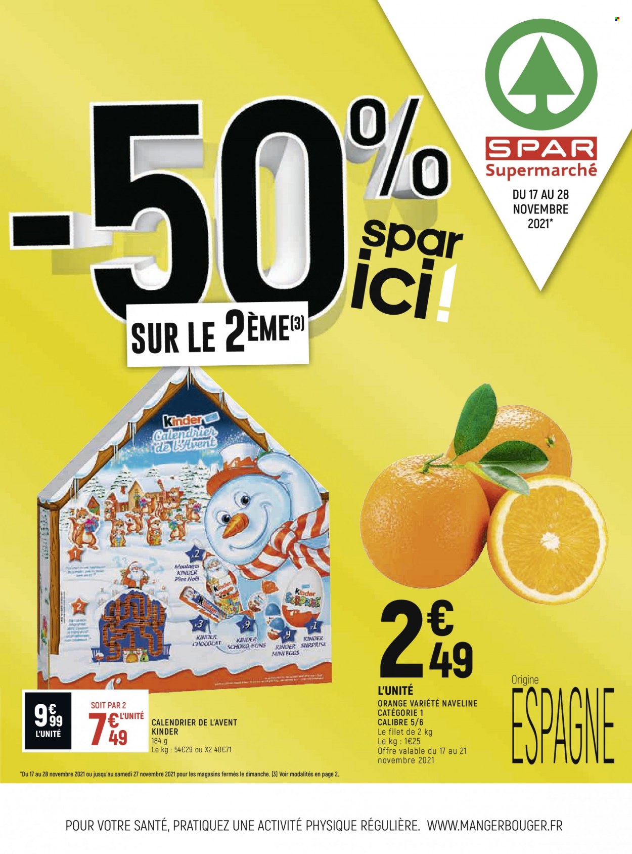 thumbnail - Catalogue Spar Supermarché - 17/11/2021 - 28/11/2021 - Produits soldés - calendrier de l'avent, chocolat, Kinder. Page 1.