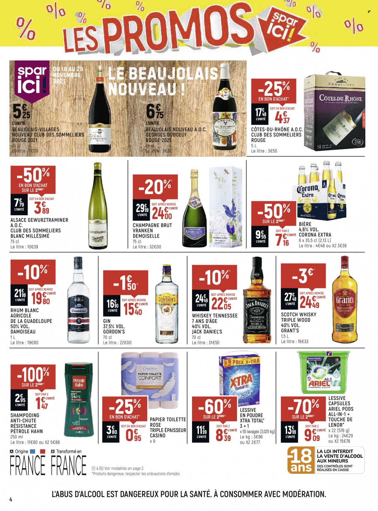 thumbnail - Catalogue Spar Supermarché - 17/11/2021 - 28/11/2021 - Produits soldés - bière, Corona Extra, Beaujolais, champagne, vin blanc, gin, whisky, rhum, rhum blanc, papier toilette, Ariel, Lenor, lessive, tablettes de lavage, shampooing. Page 4.
