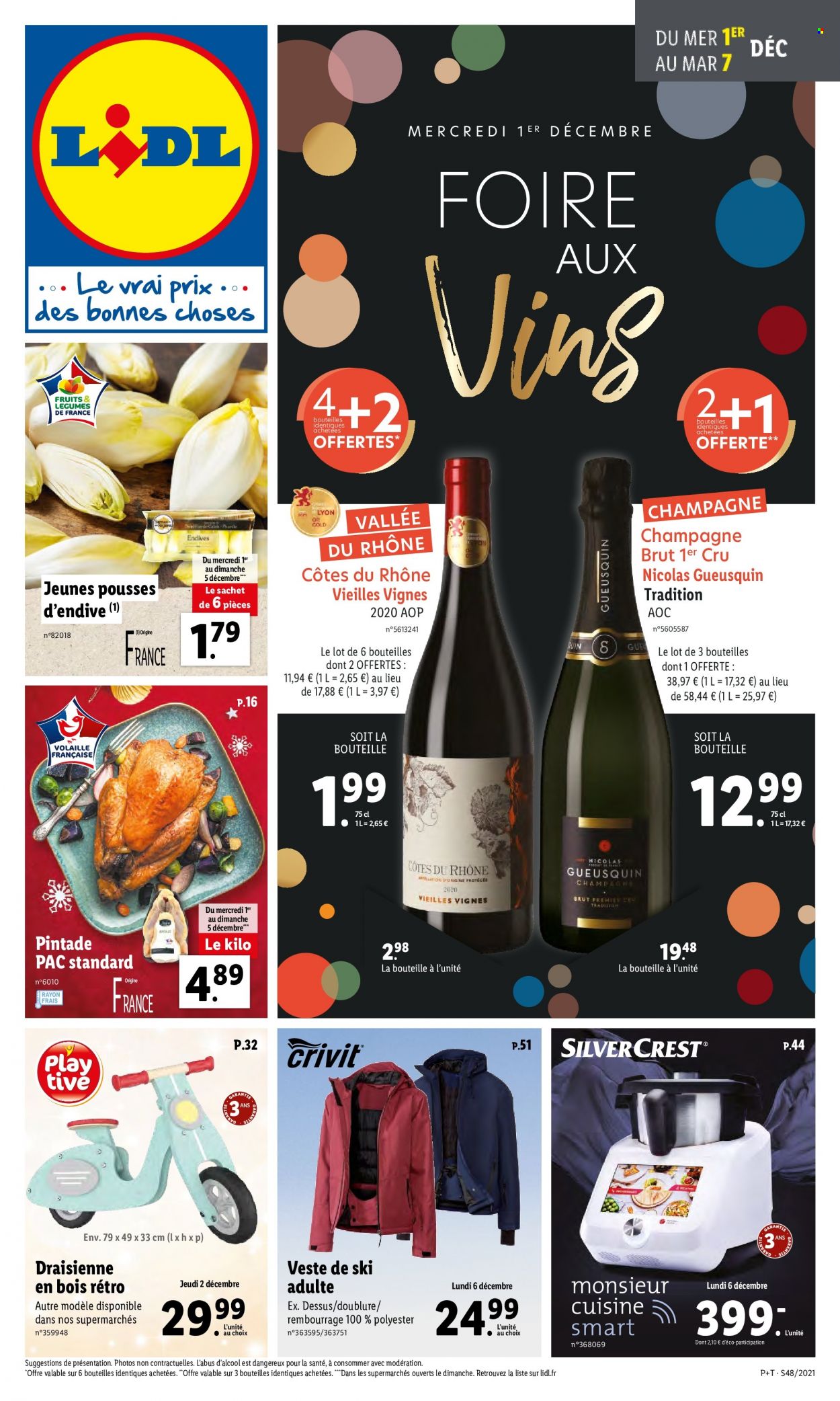 thumbnail - Catalogue Lidl - 01/12/2021 - 07/12/2021 - Produits soldés - endives, jeune pousse, pintade, Côtes du Rhône, champagne, vin, veste, veste de ski, draisienne. Page 1.